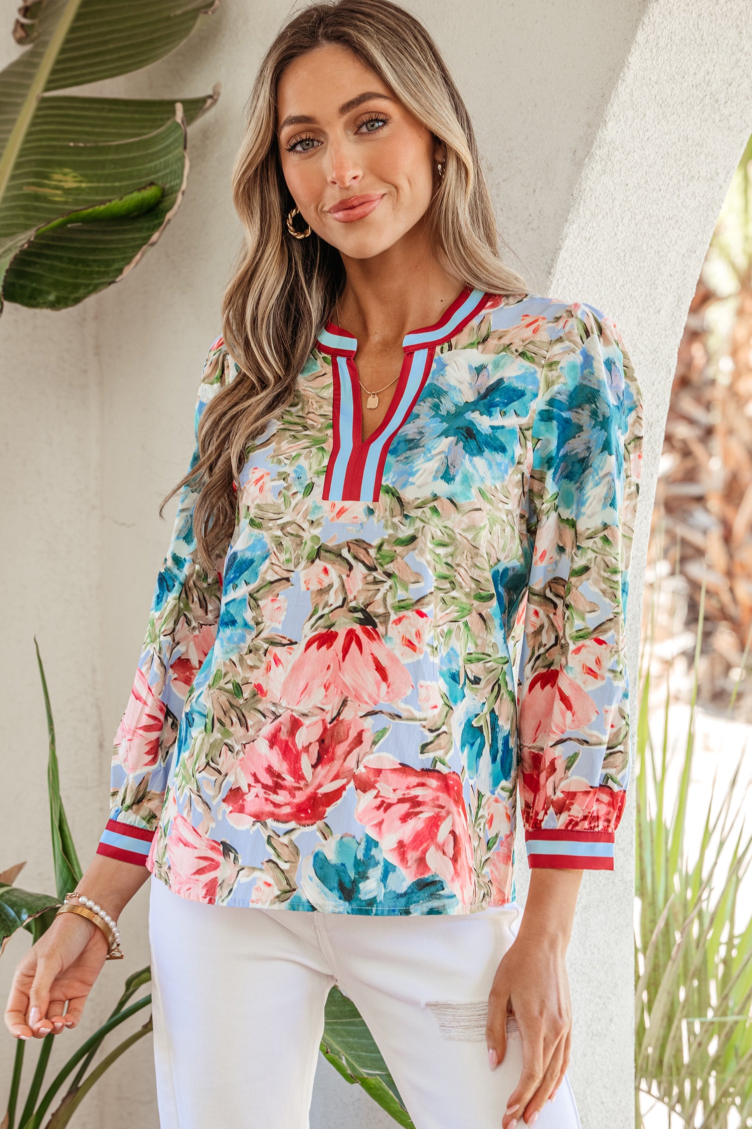 Sky Blue Contrast Floral Blouse