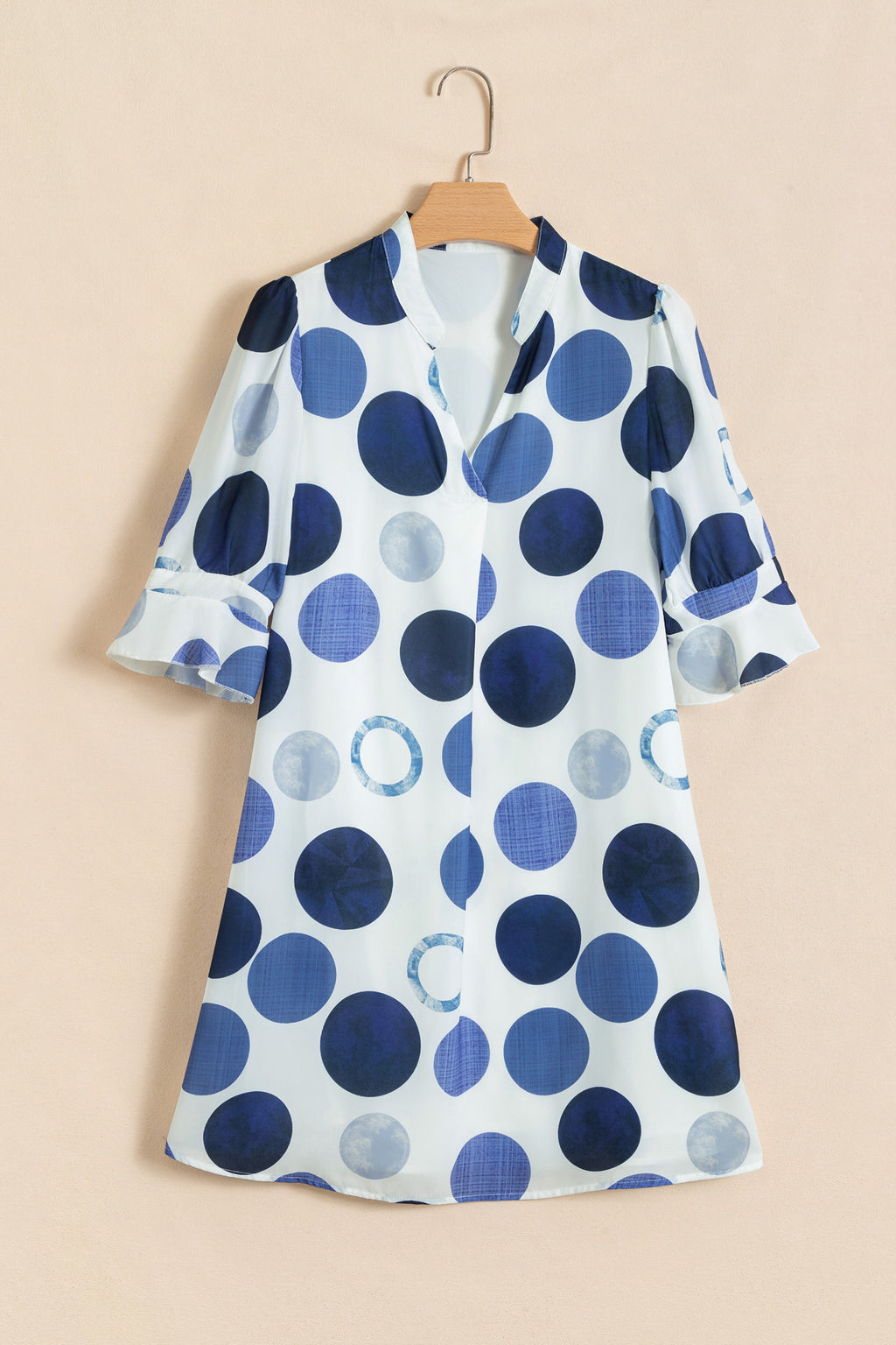 Blue Polka Dot Print Flounced Half Sleeve Casual Vacation Style Mini Dress