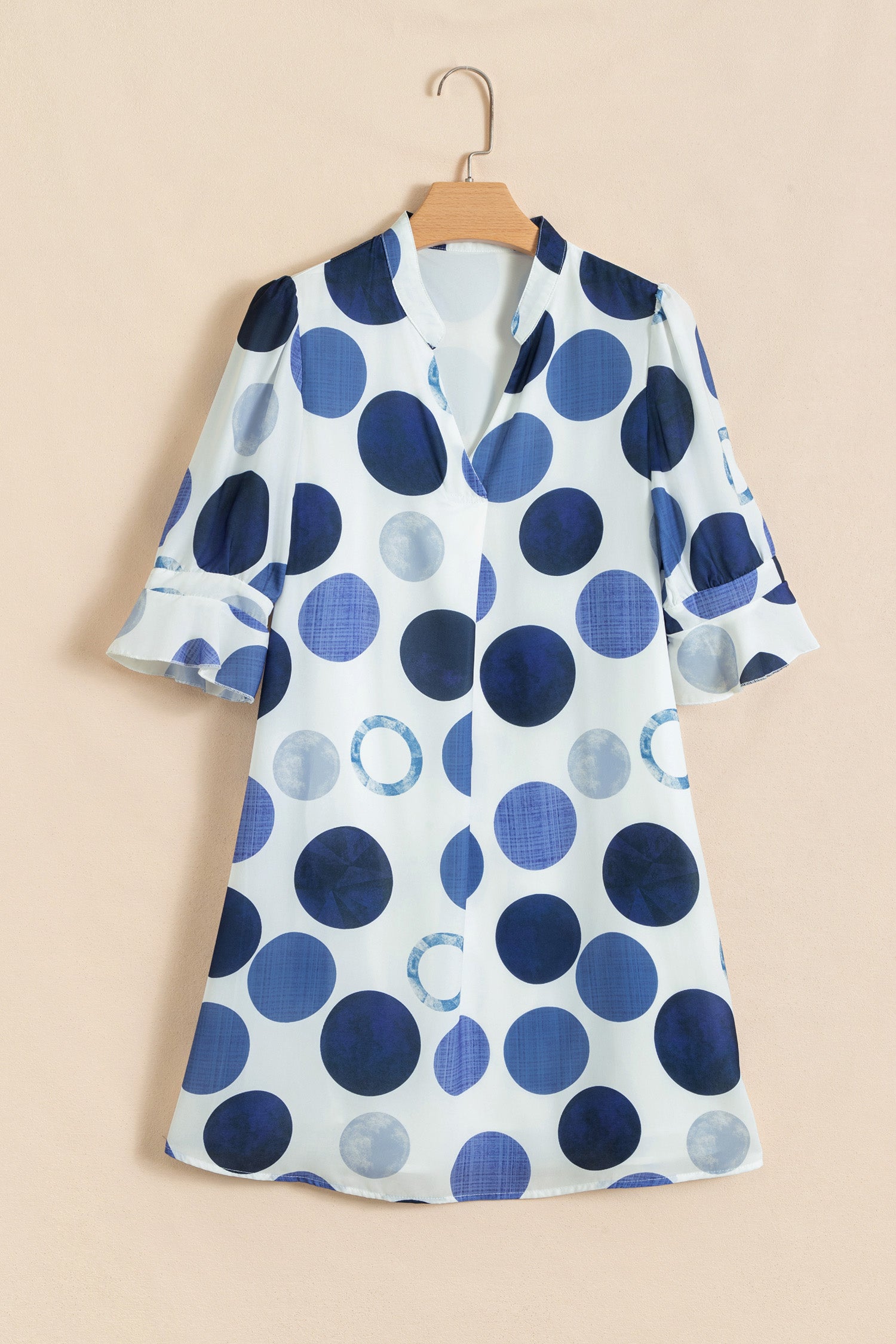 Blue Polka Dot Print Flounced Half Sleeve Casual Vacation Style Mini Dress