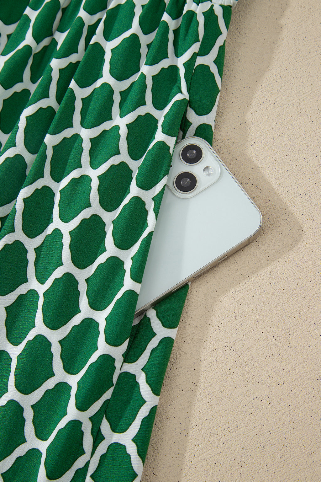 Green Plus Size Geometric Print Pocketed Ruffle Hem Casual Dress