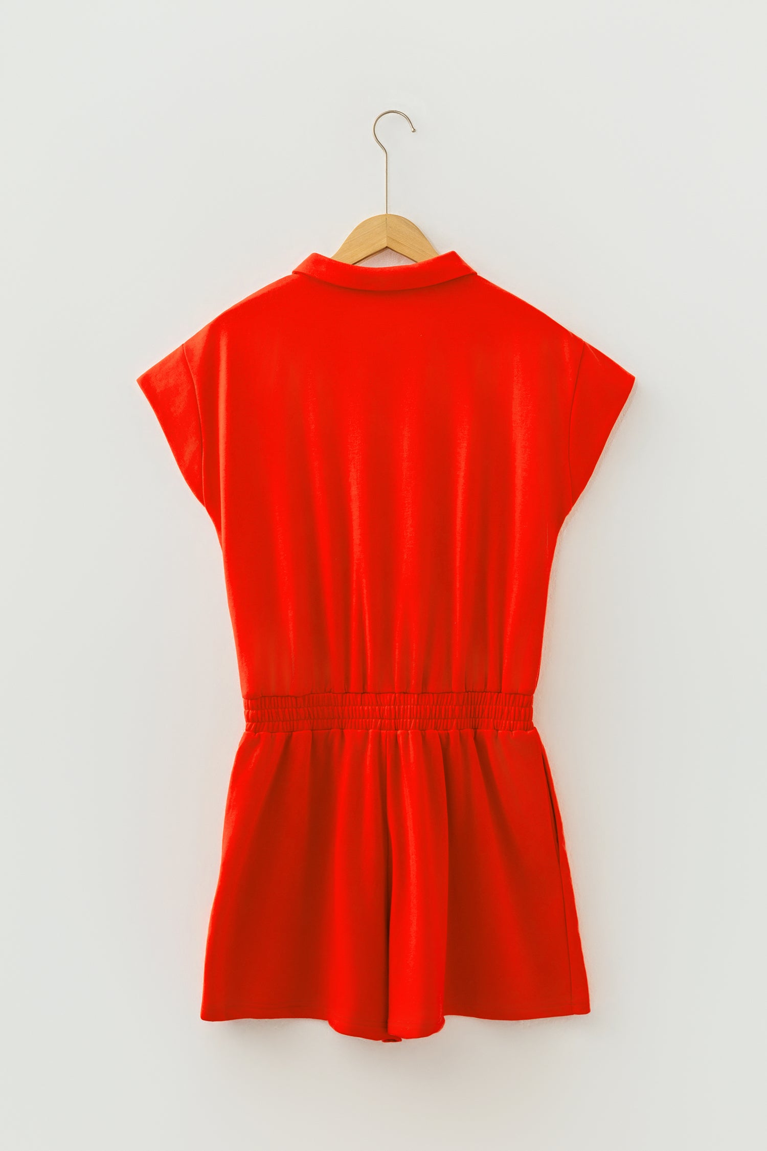 Tomato Red Half Zip Polo Tee Elastic Waist Romper