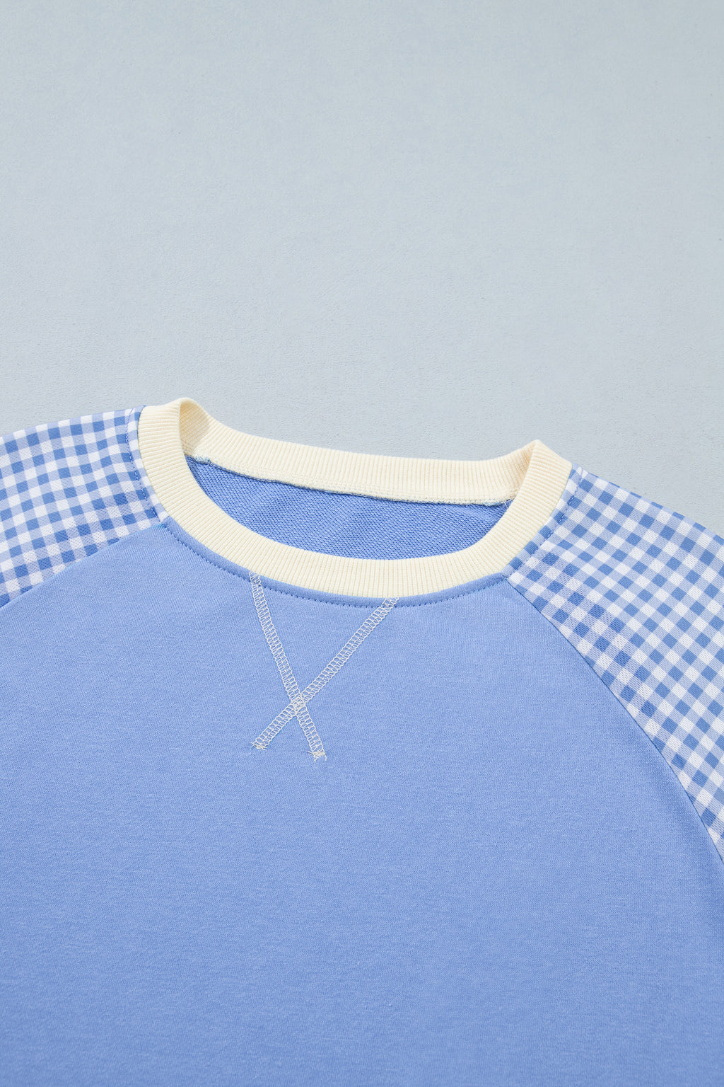 Light Blue Plaid Sleeve Colorblock Raglan Pullover Sweatshirt