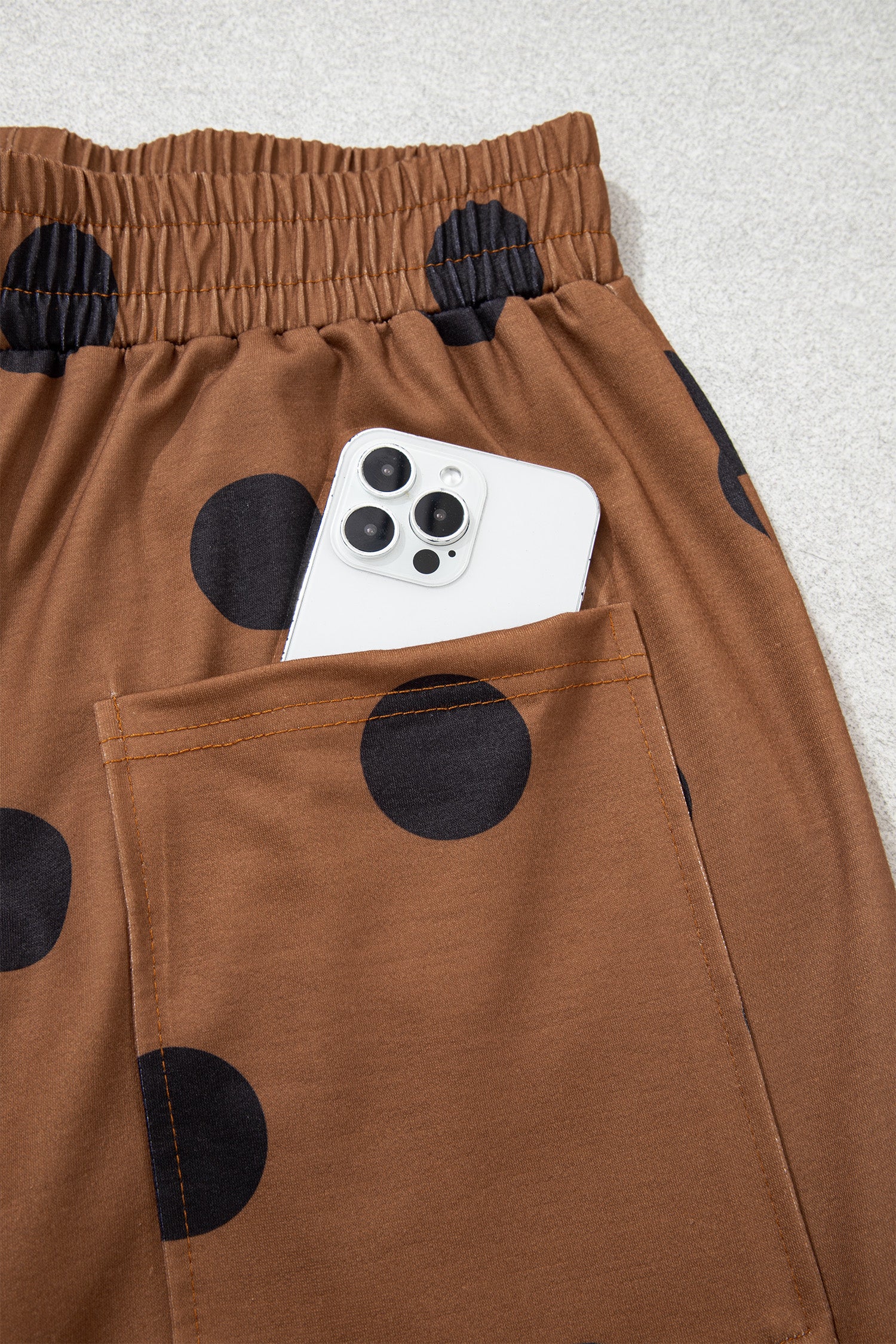 Brown Polka Dot Wide Leg Elastic Waist Casual Pants