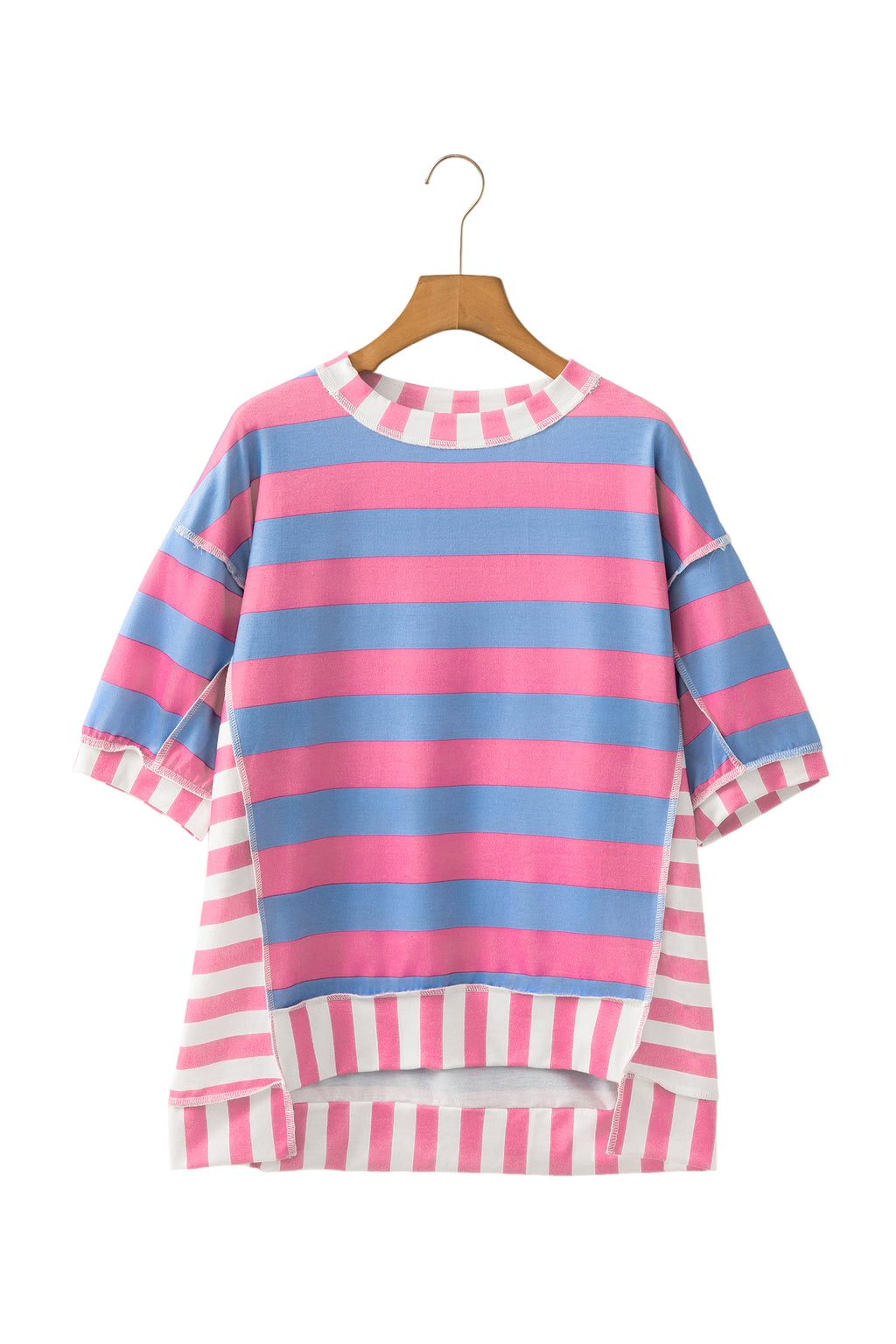 Pink Stripe Exposed Seam Contrast Patchwork Oversized Top