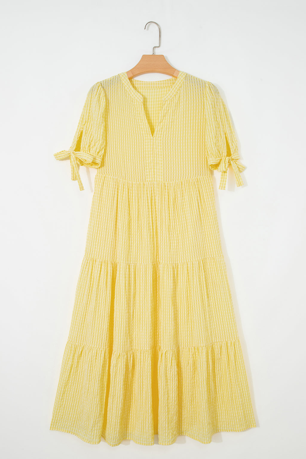 Yellow Gingham Textured Bow Tie Short Sleeve Tiered Midi Dress