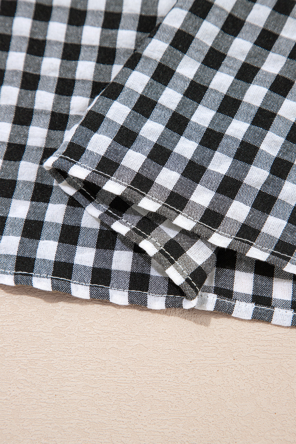 Black Plaid Short Puff Sleeve Frilled Neck Blouse