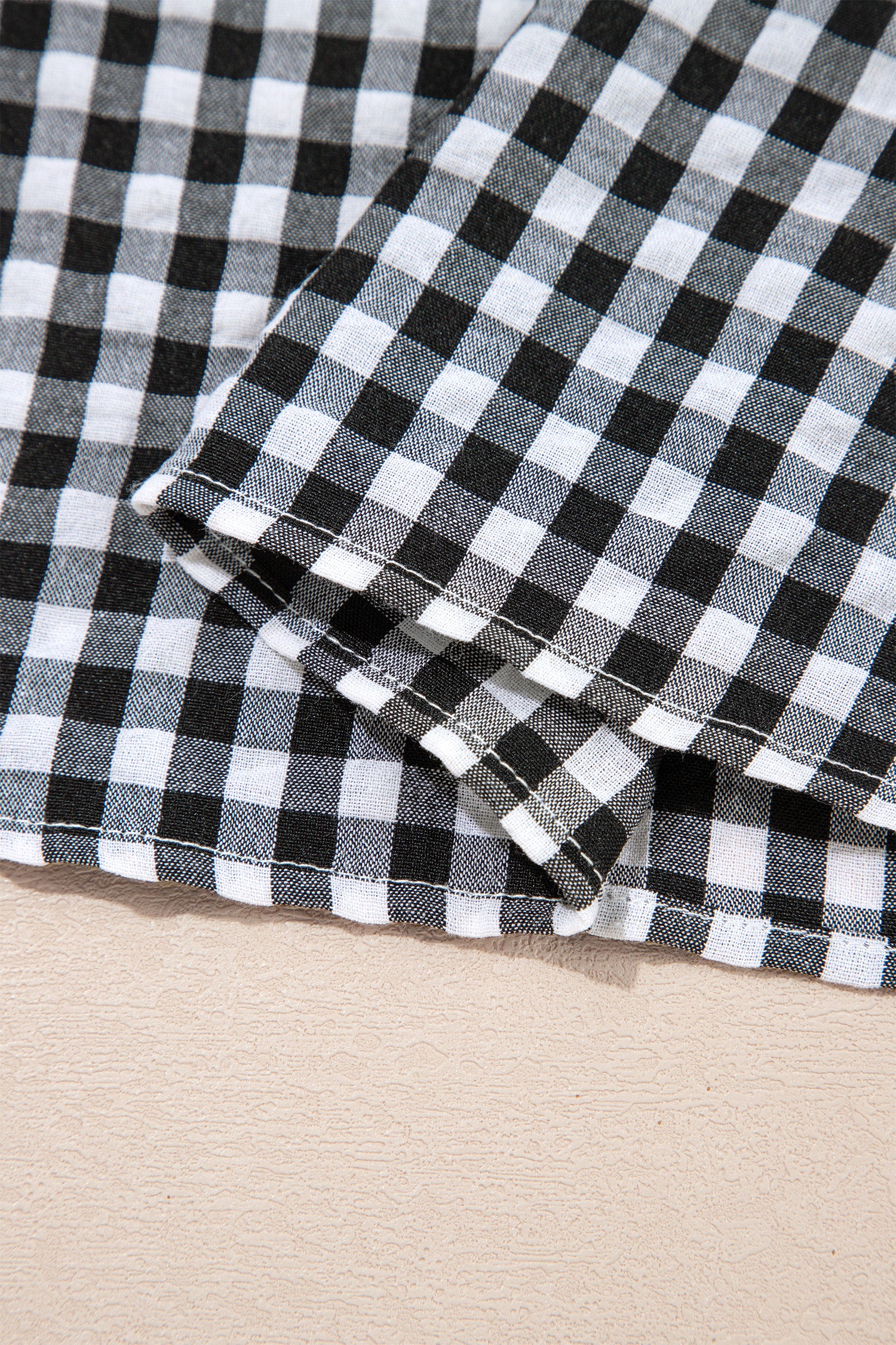 Black Plaid Short Puff Sleeve Frilled Neck Blouse