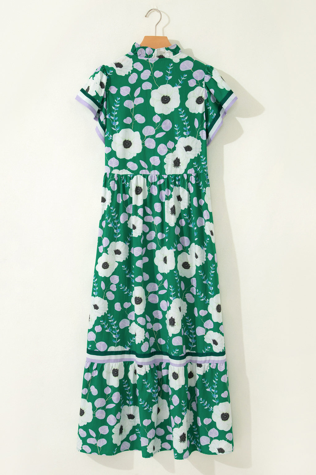 Green V Neck Ruffled Short Sleeve Flower Maxi Dress