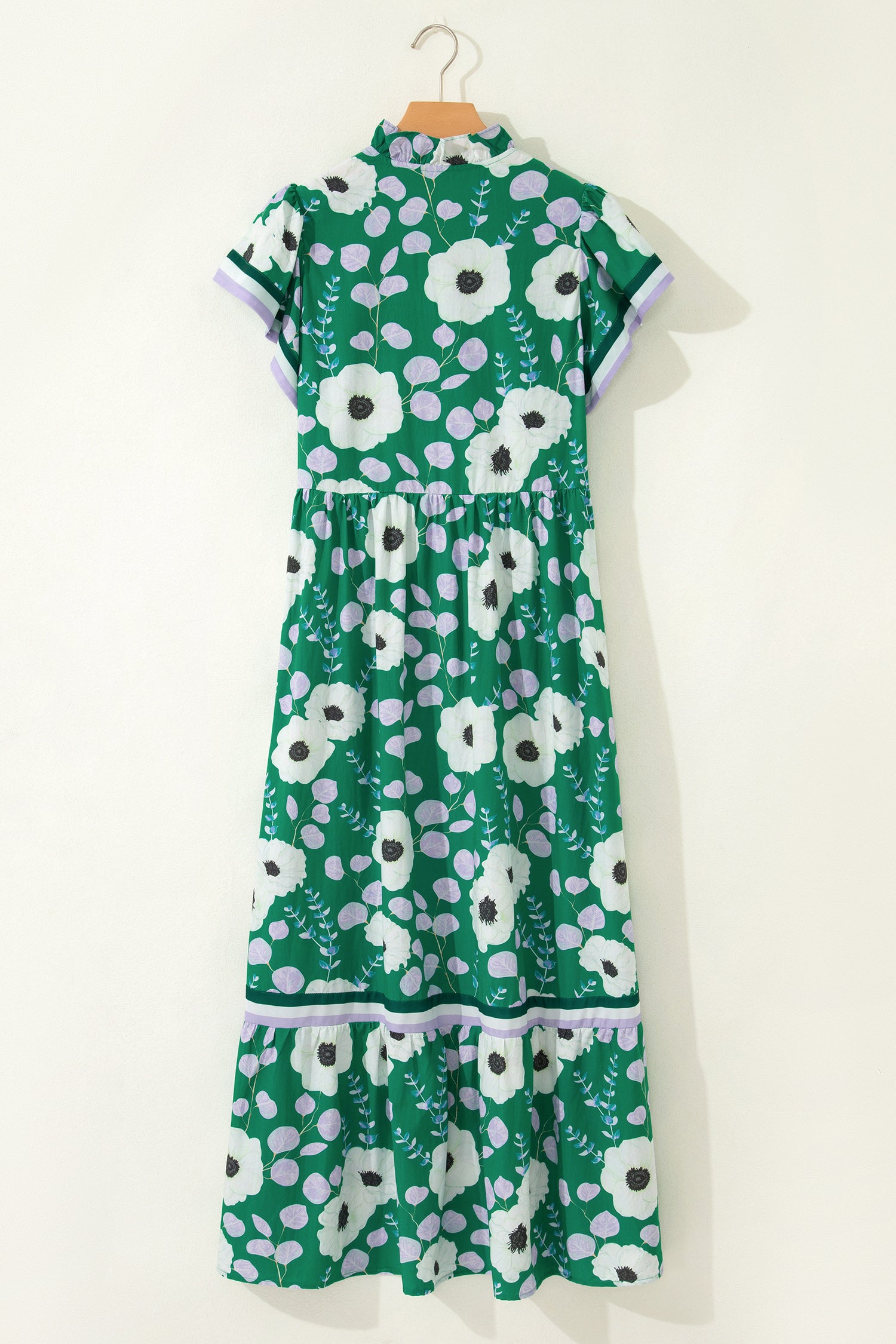Green V Neck Ruffled Short Sleeve Flower Maxi Dress