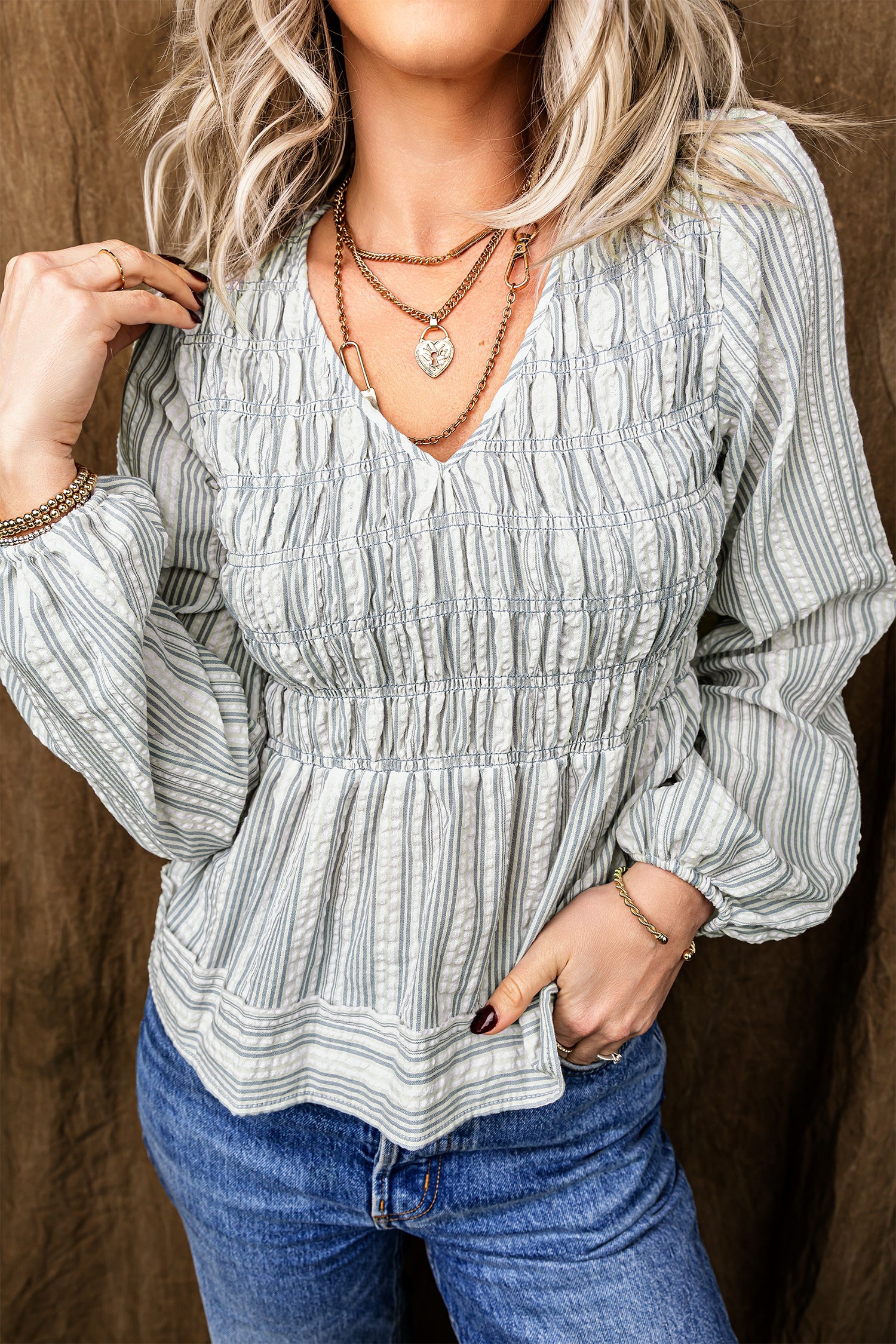 Blue Stripe V Neck Shirred Long Sleeve Blouse