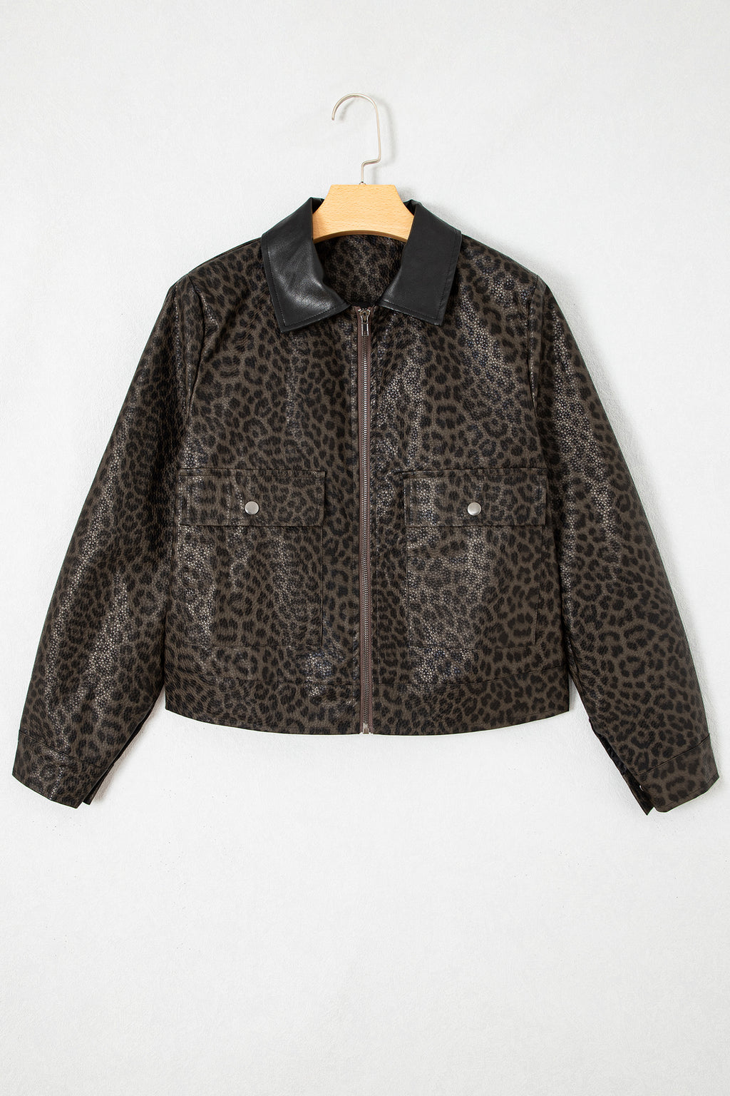 Multicolour Leopard Print Colorblock Collar Metal Placket Jacket