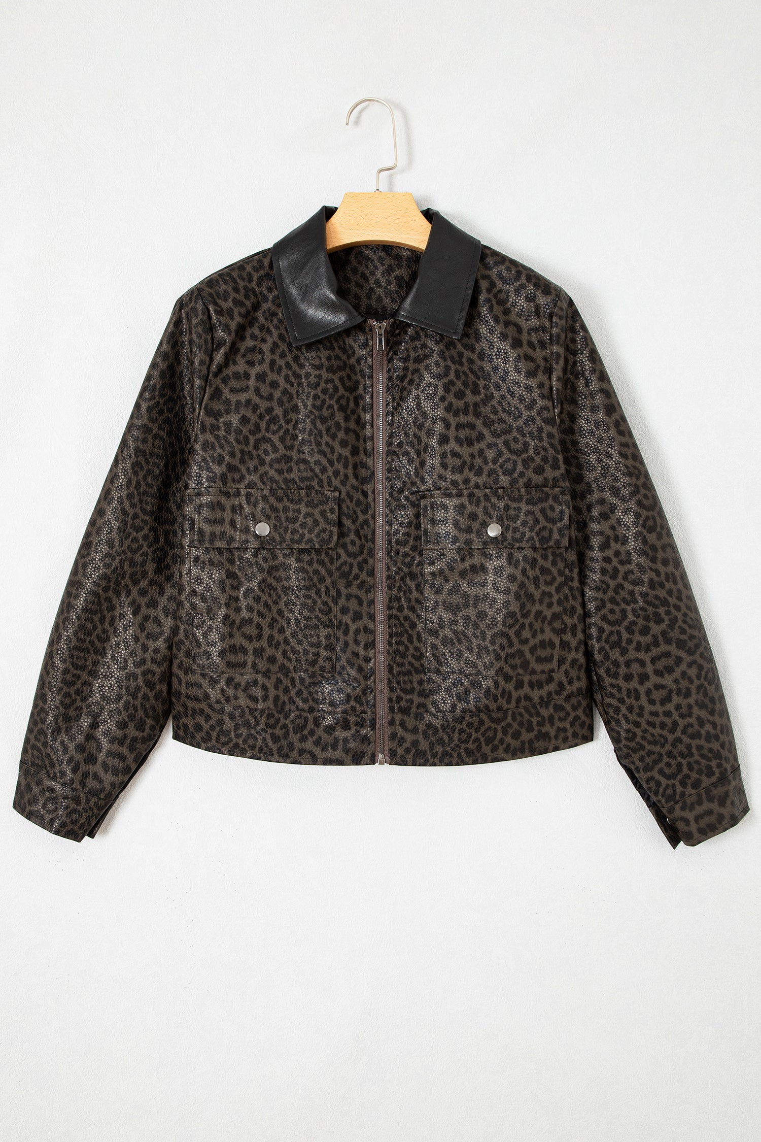 Multicolour Leopard Print Colorblock Collar Metal Placket Jacket