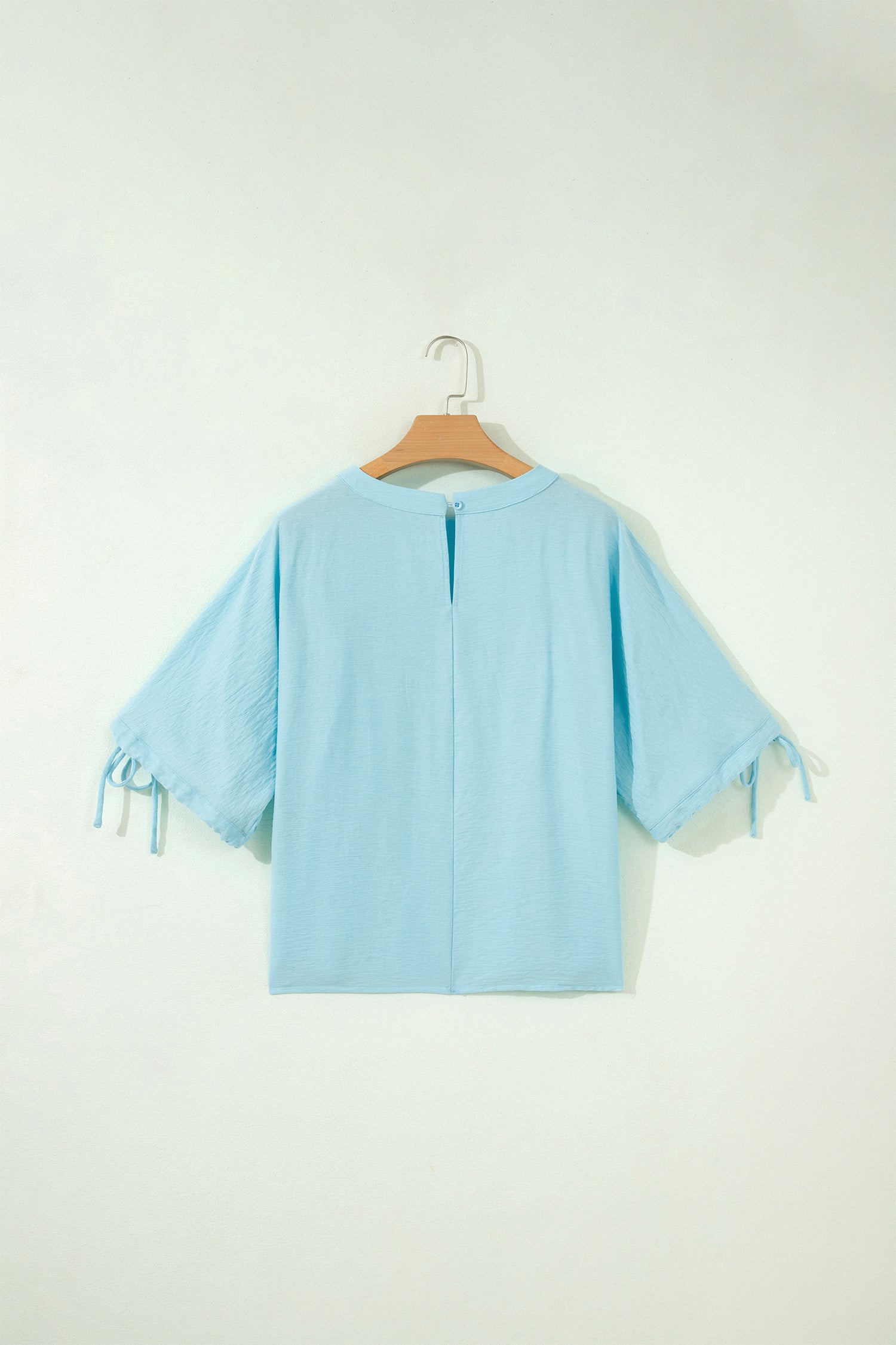 Mist Blue Tie Half Sleeve Pleated Detail Babydoll Blouse