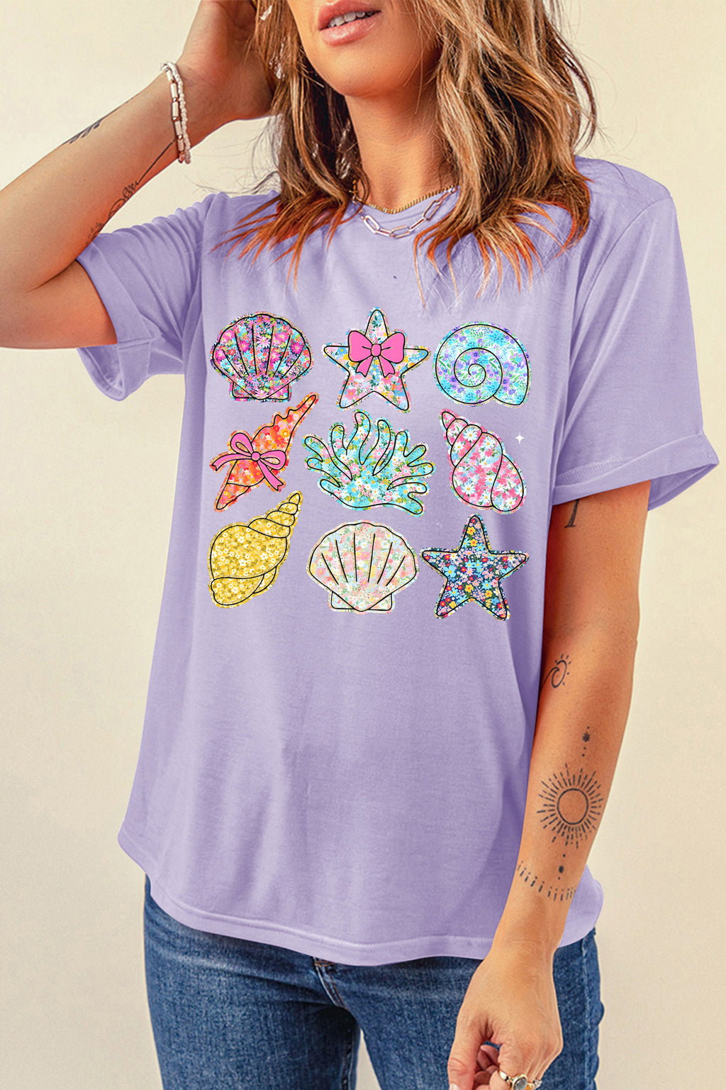 Orchid Petal Vibrant Seashell Printed Beach Vacation Casual T Shirt