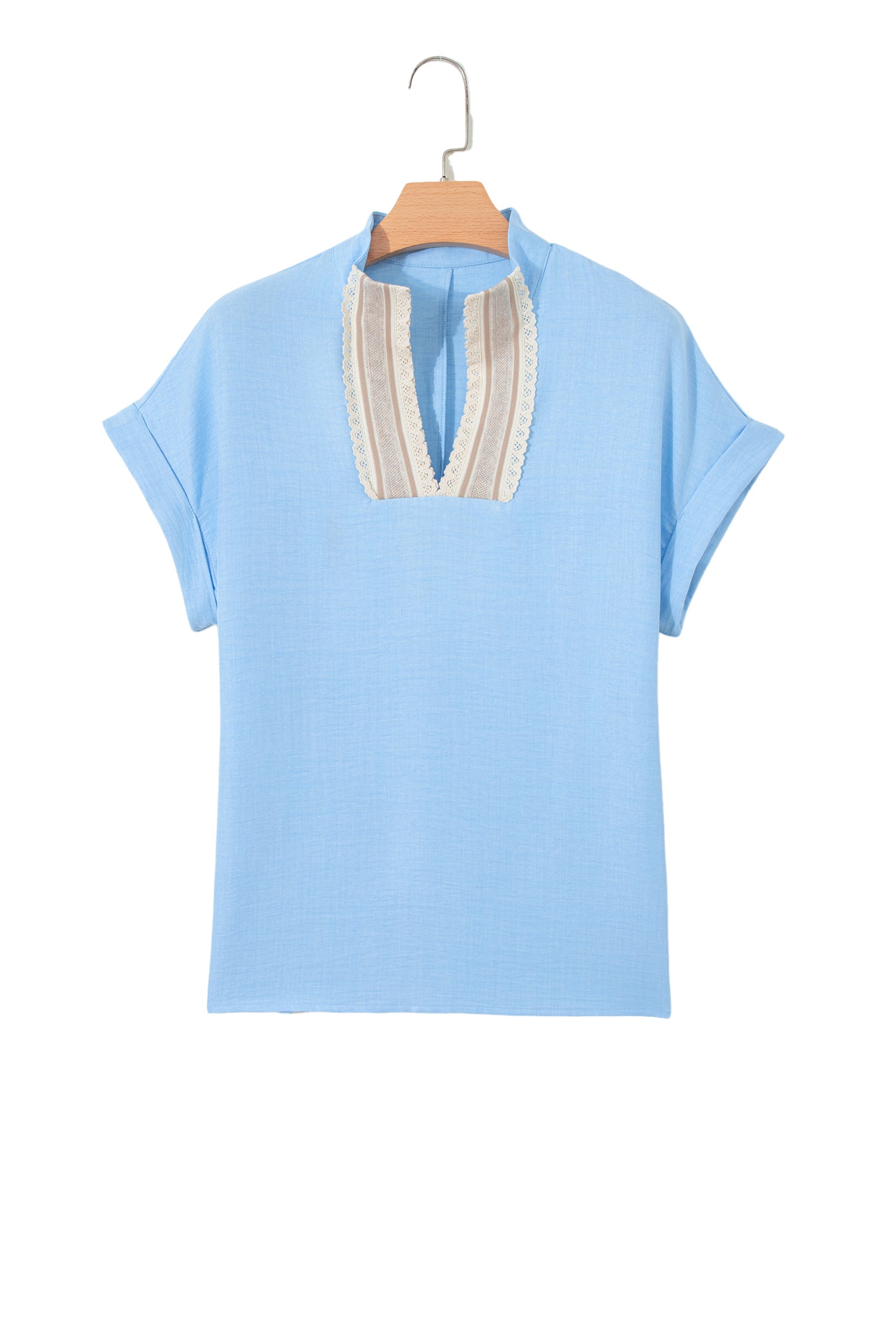 Beau Blue Crochet Lace Accent Pullover Rolled Short Sleeve Blouse