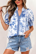 Blue Wild Animal Paradise Striped Detail V Neck Blouse