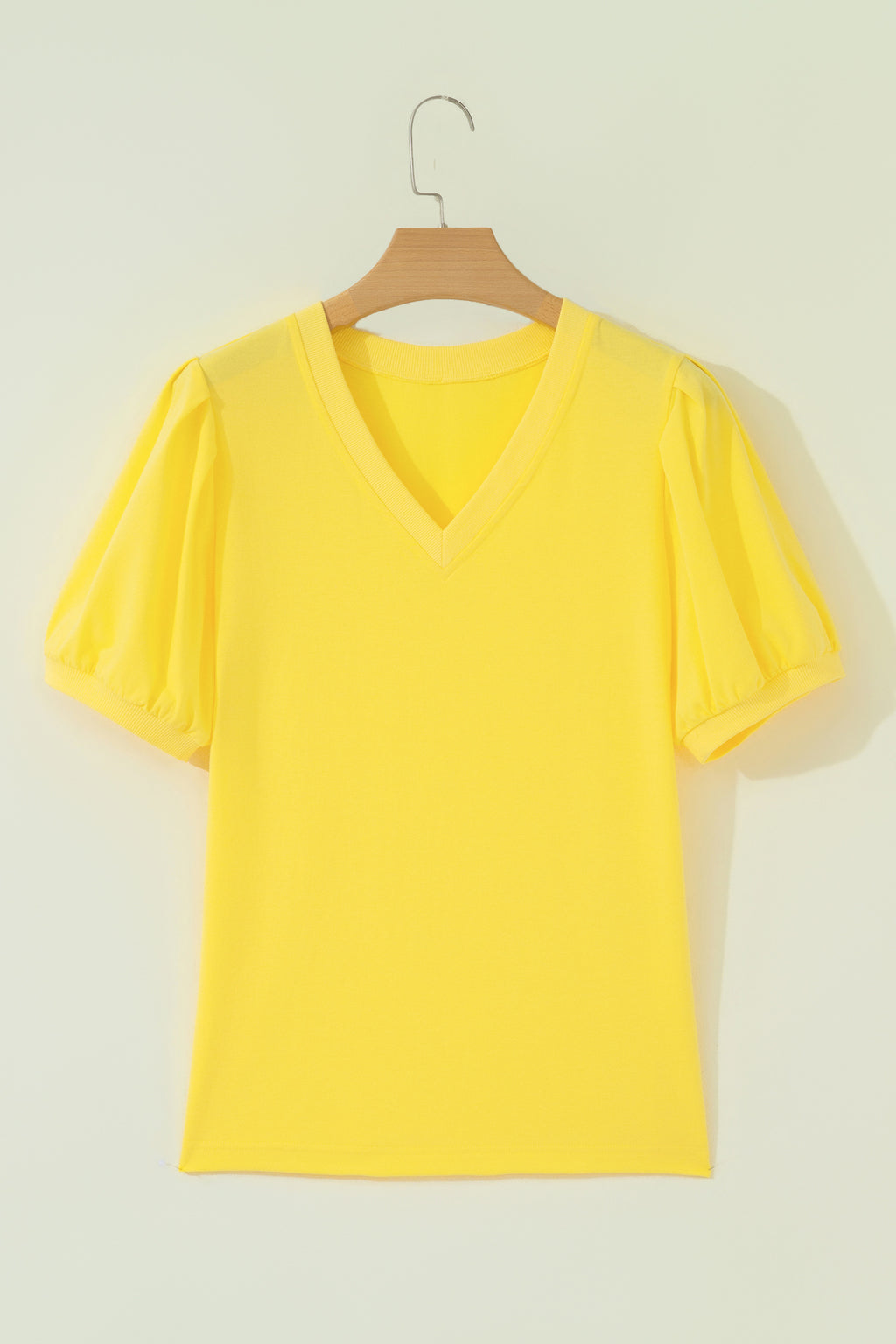 Yellow Solid Color V Neck Short Puff Sleeve Blouse