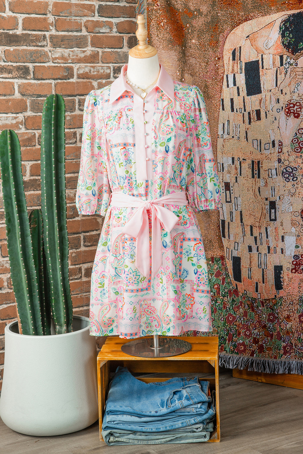 Pink Boho Floral Print Color Block Trim Half Button Belted Mini Dress