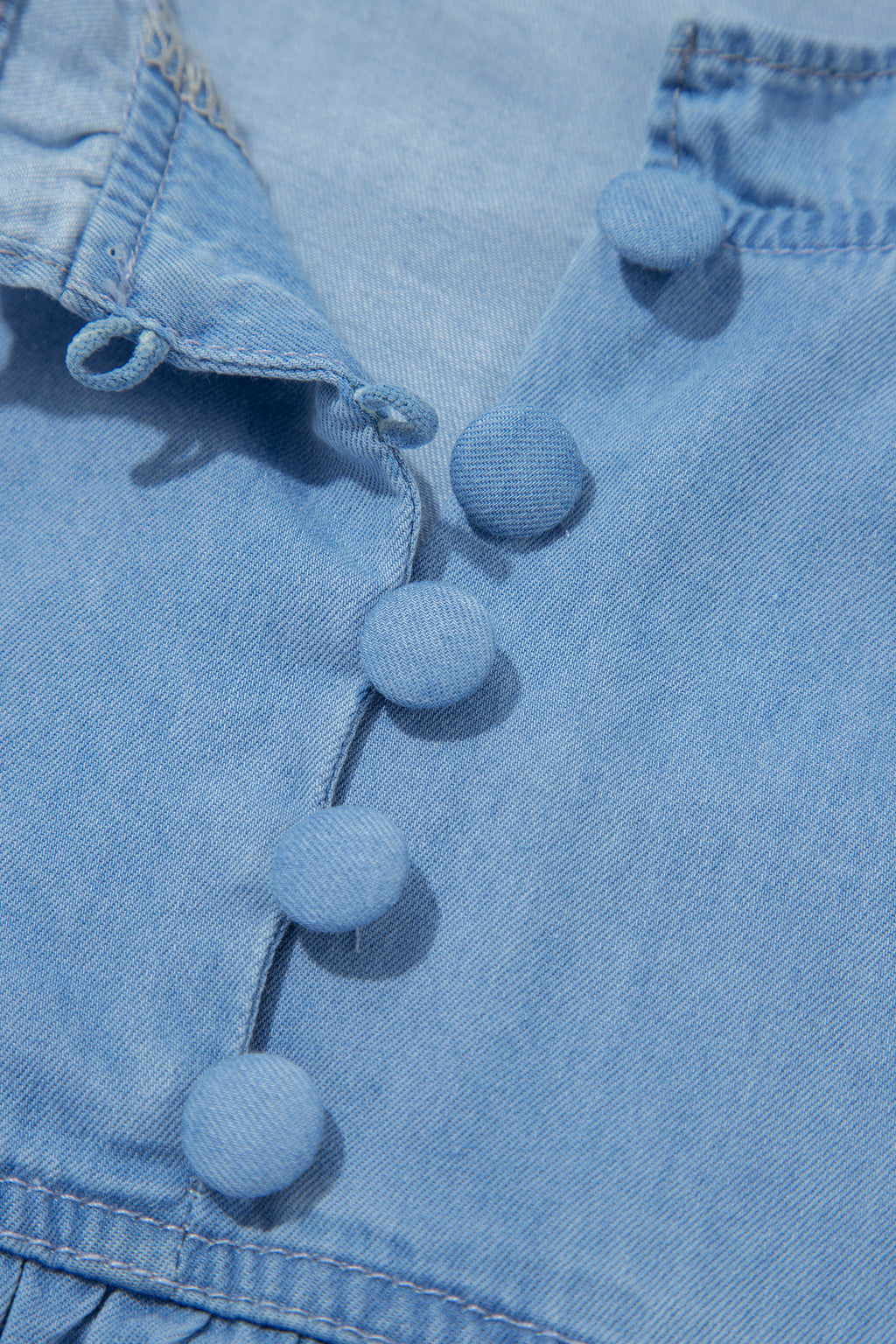 Beau Blue Western Ruffle V Neck Long Sleeve Chambray Blouse
