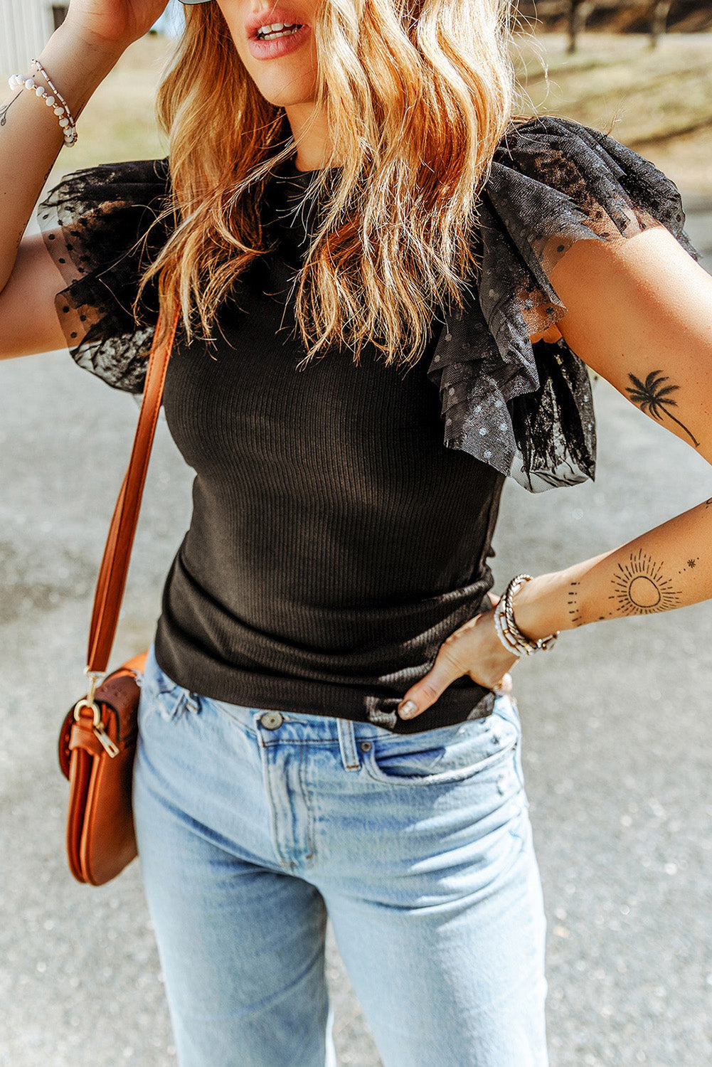 Black Dotty Mesh Knit Top