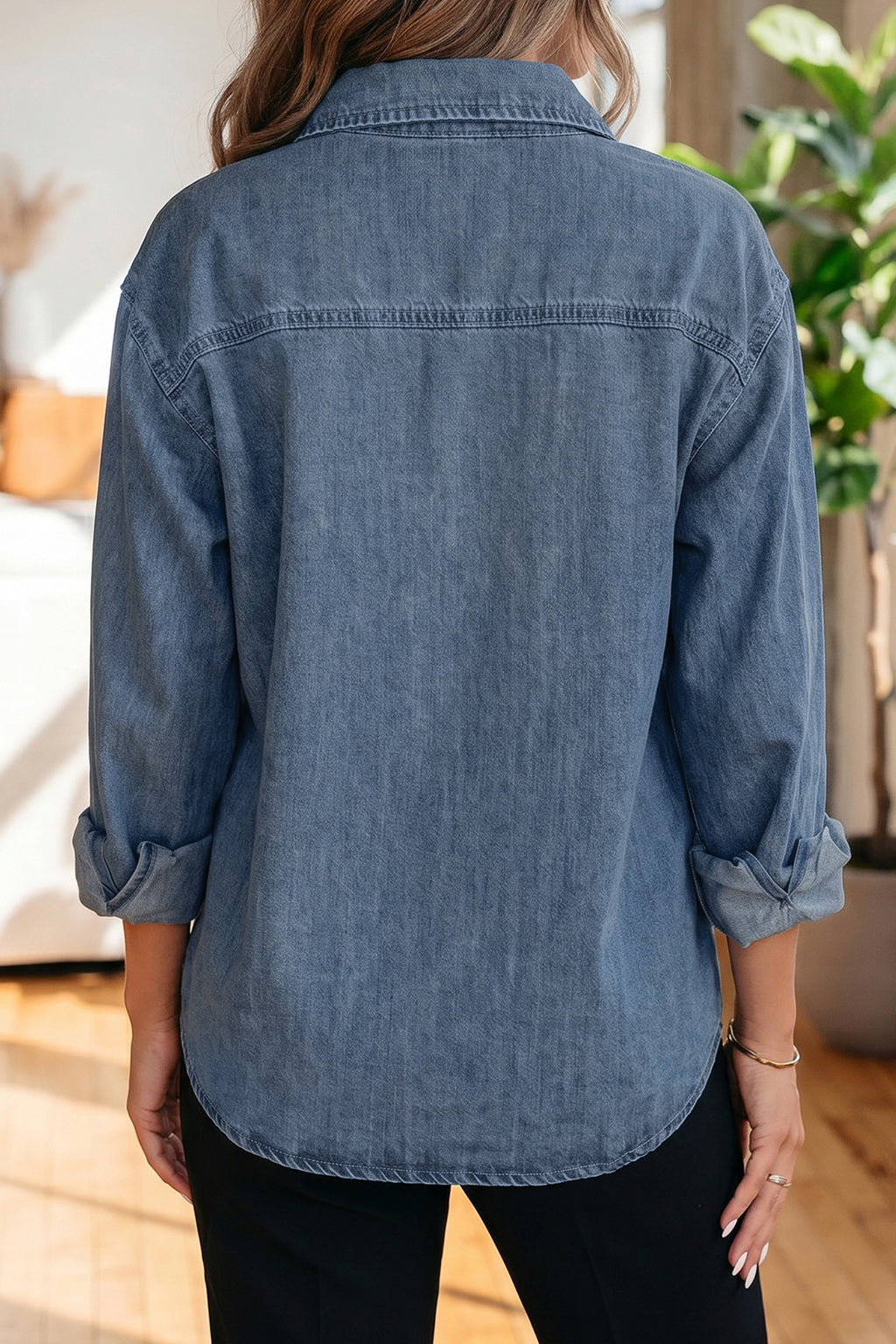 Sky Blue Color Block Pocket Detail Casual Button Down Denim Shirt
