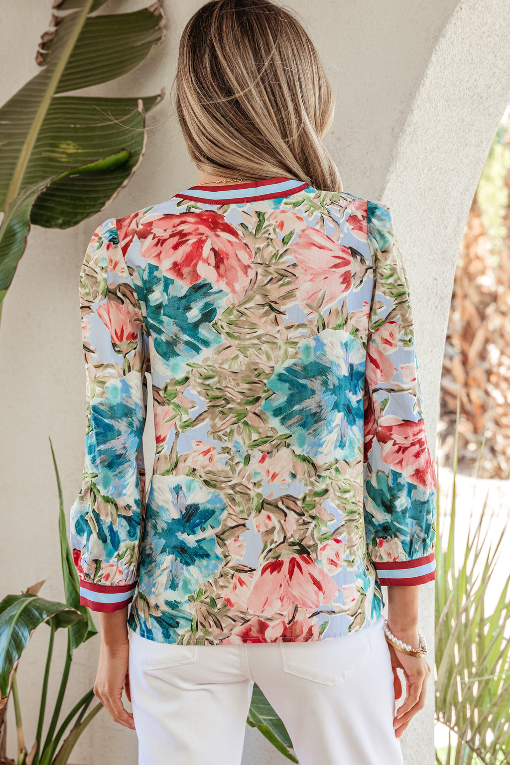 Sky Blue Contrast Floral Blouse