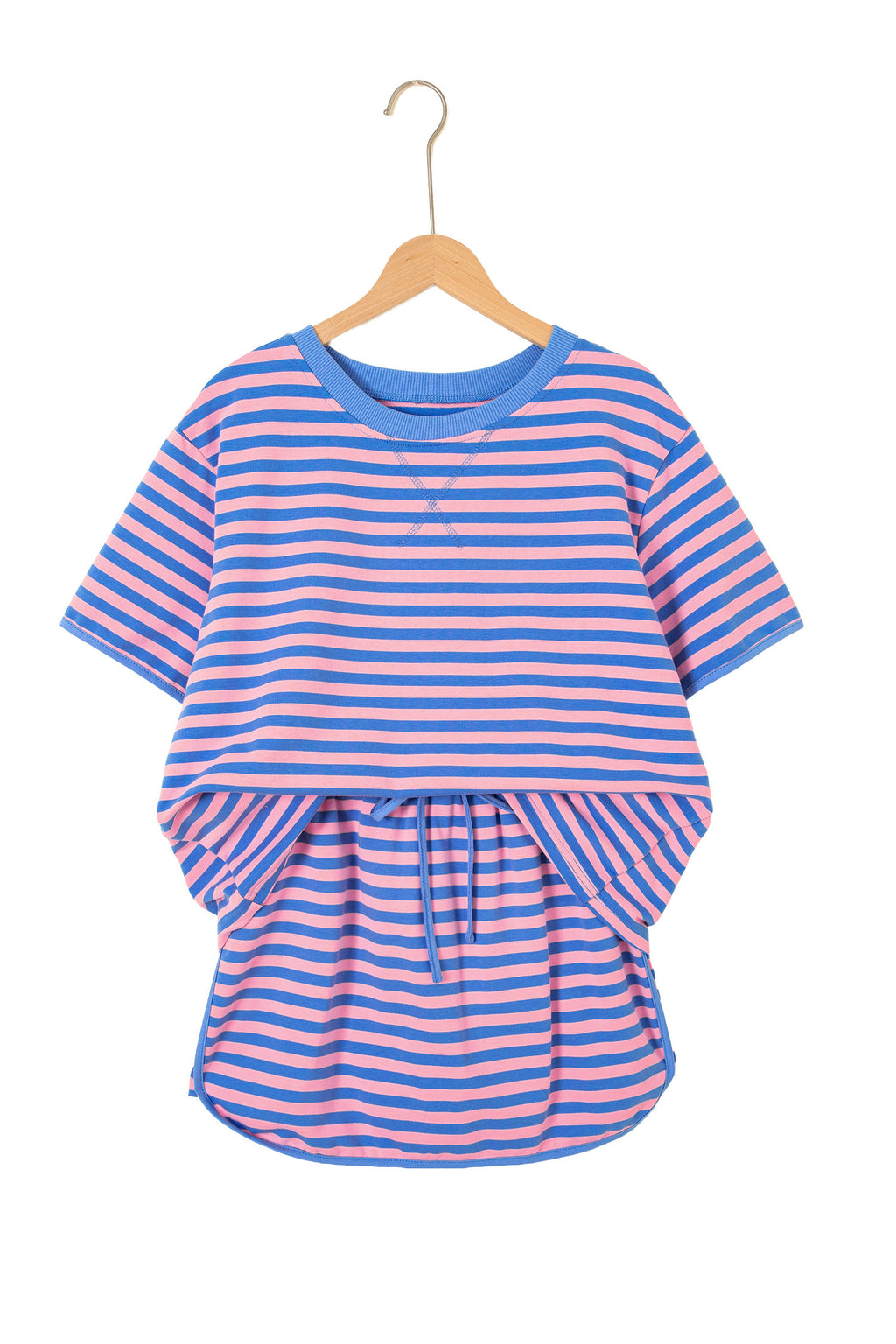 Blue Stripe Loose Short Sleeve Top and Skirt Set
