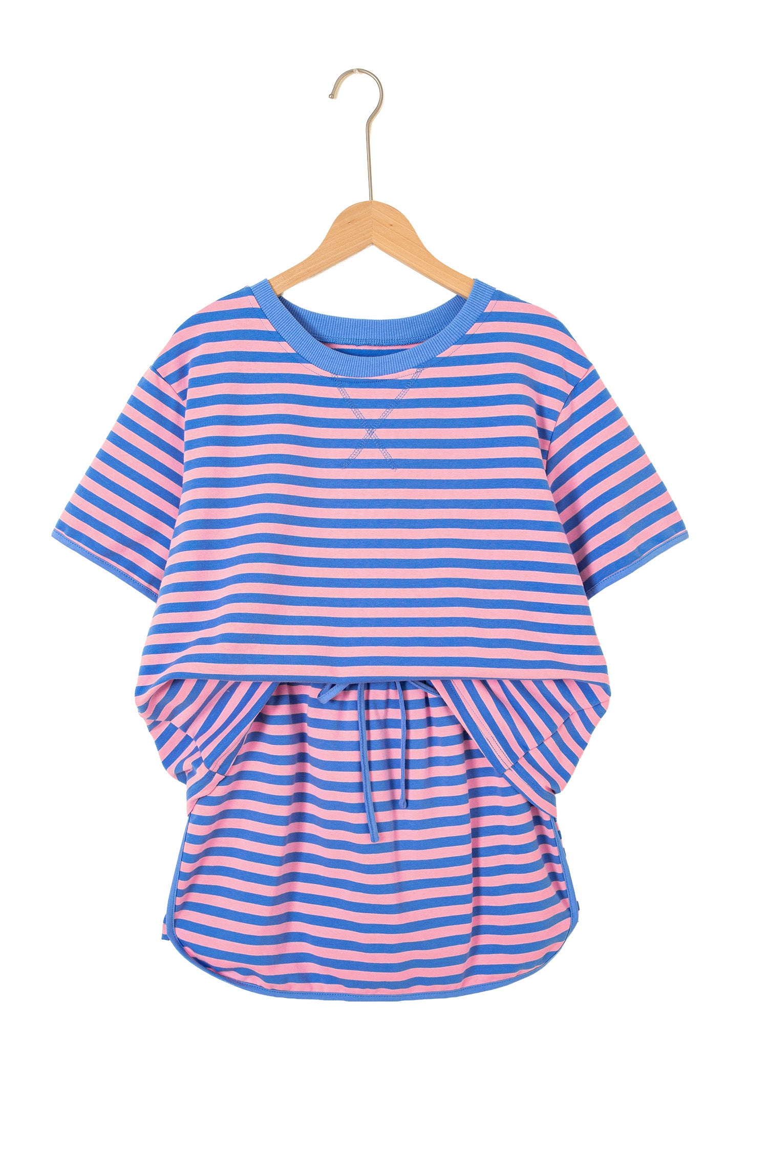 Blue Stripe Loose Short Sleeve Top and Skirt Set