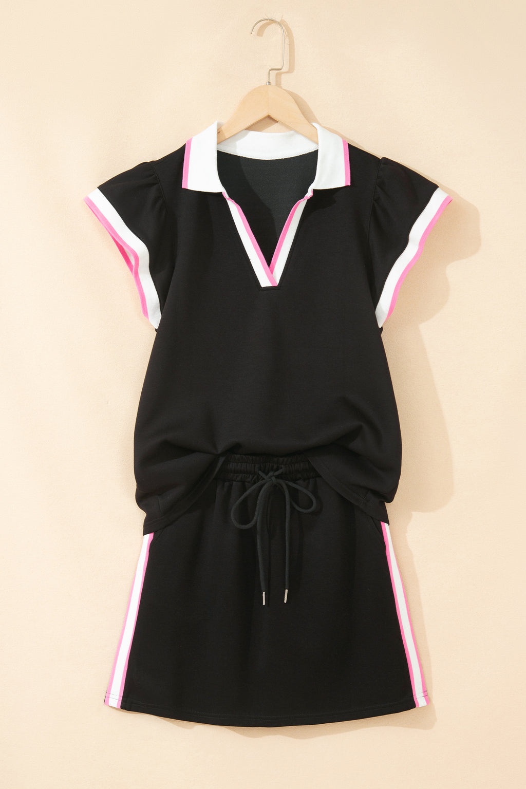 Black Preppy Striped Trim V Neck Polo Tee Drawstring Skirt Set
