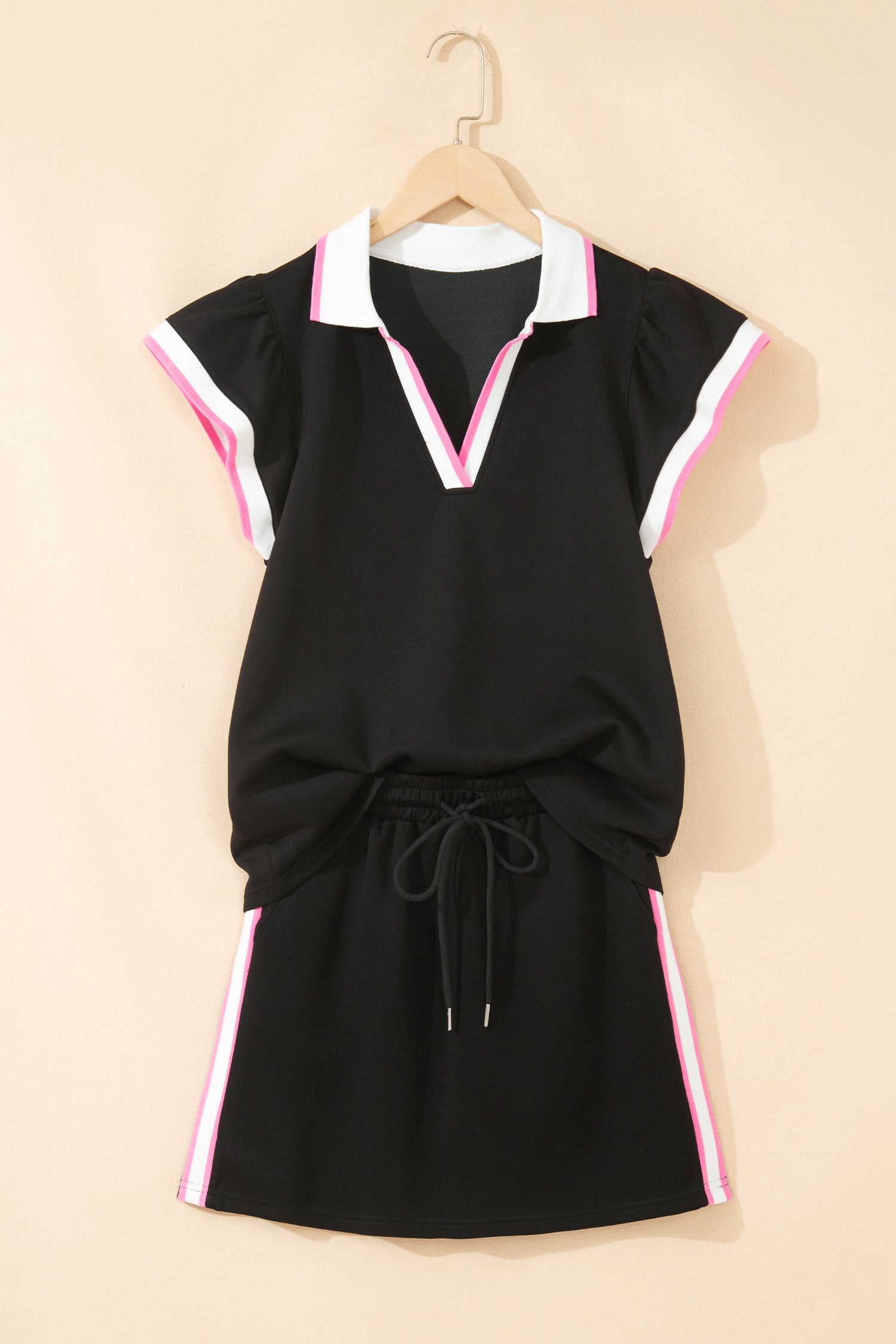 Black Preppy Striped Trim V Neck Polo Tee Drawstring Skirt Set