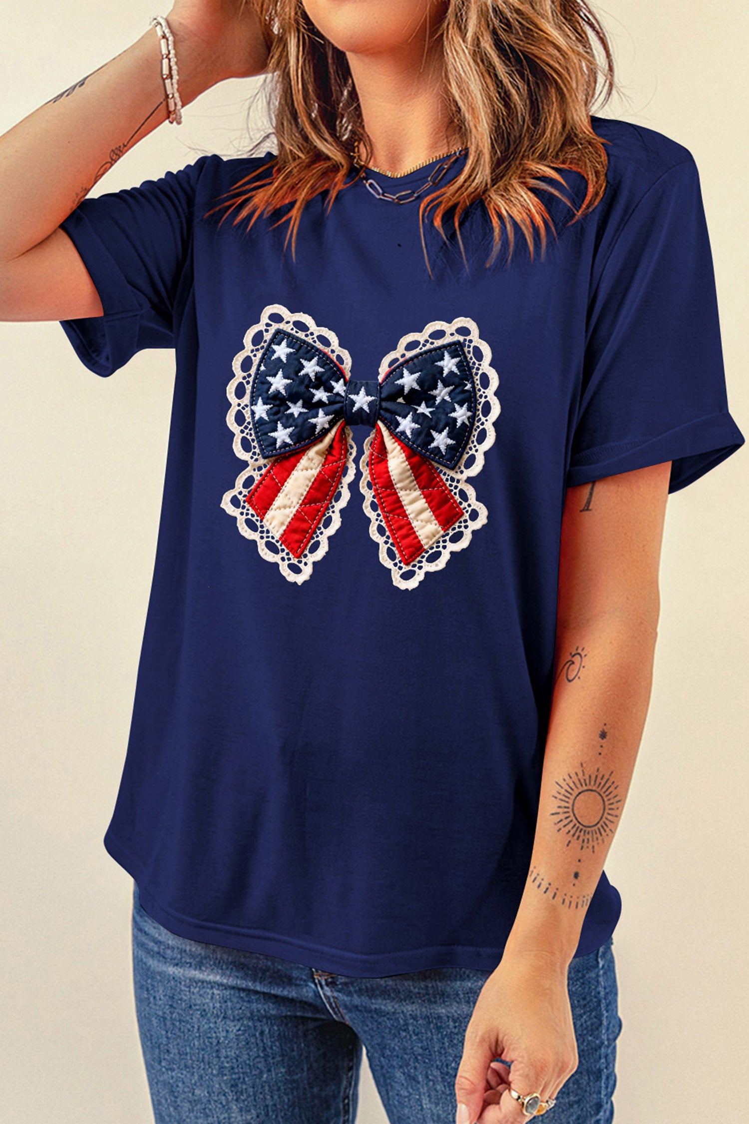 Blue Faux Patchwork Patriotic Bow Graphic Tee