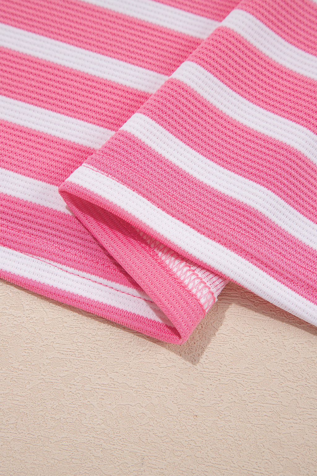 Pink Stripe Short Puff Sleeve Color Block Polo Collar Blouse