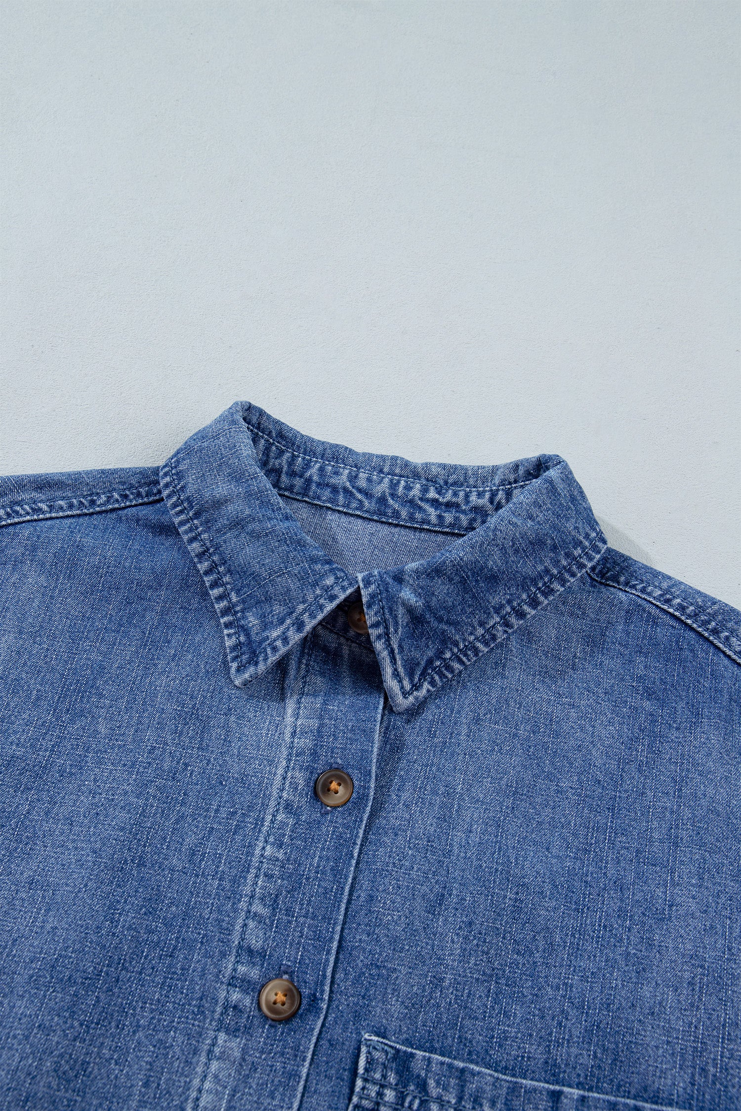 Dusk Blue Three Quarter Sleeve Button Front Loose Denim Shirt