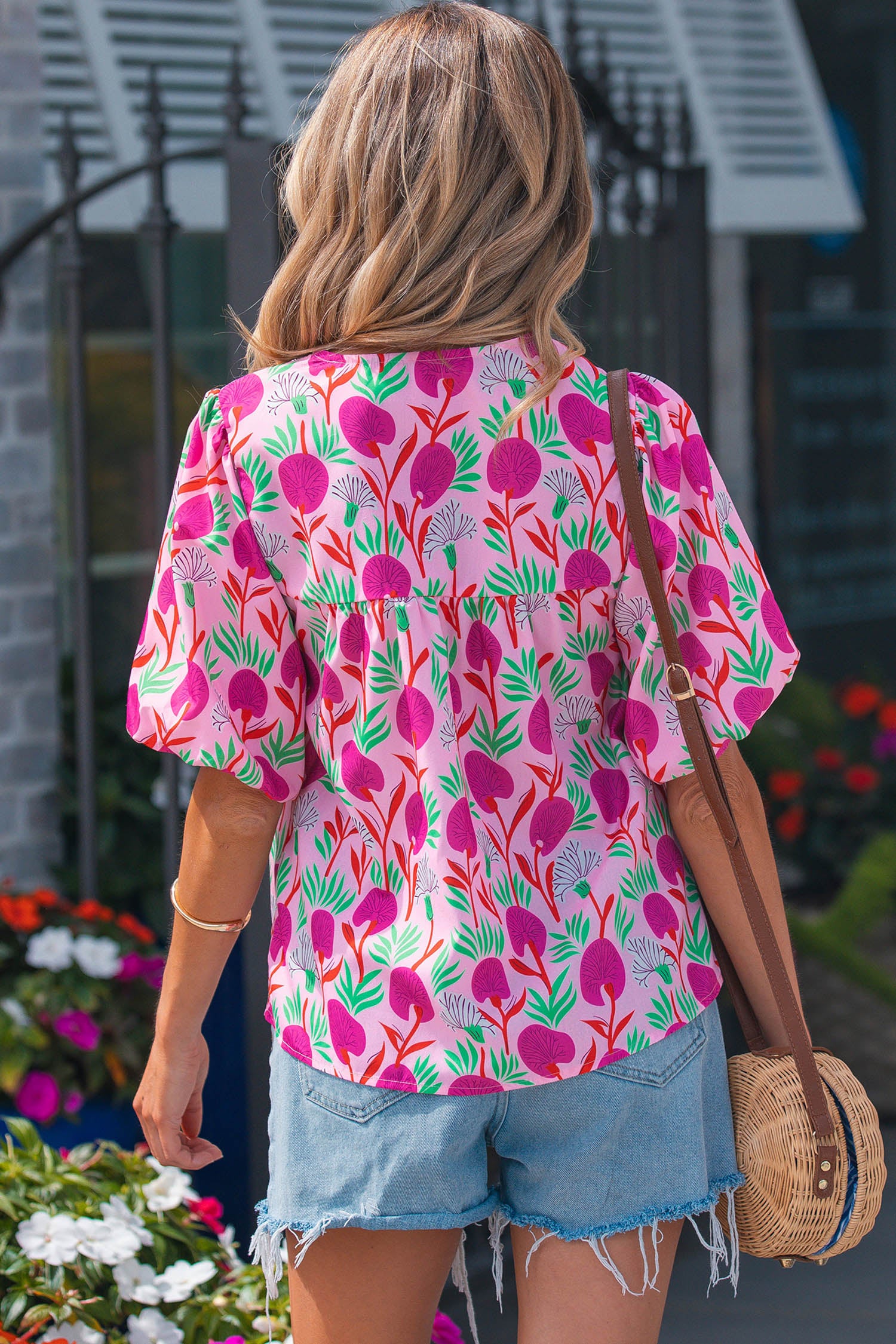 Pink Floral Print Short Sleeve Contrast Patchwork Tassel Tie Blouse