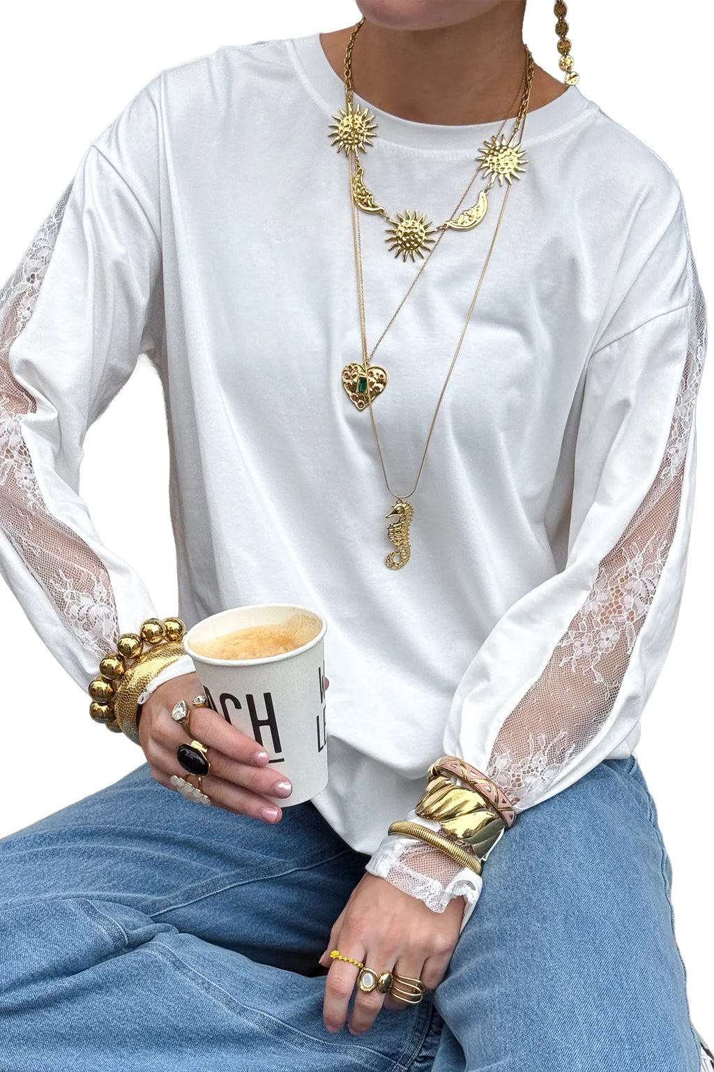 White Lace Patchwork Round Neck Long Sleeve Top