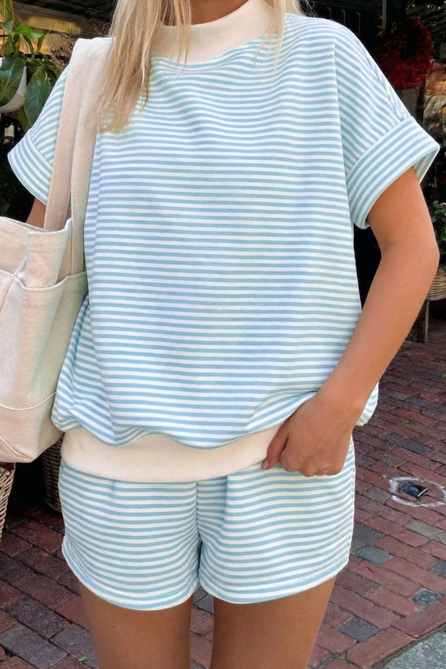 Sky Blue Stripe Casual 2pcs Short Set