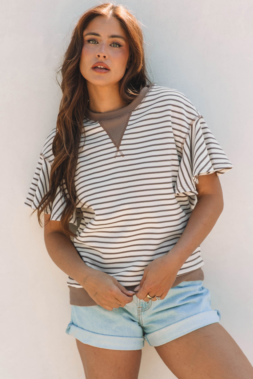 Sachet Pink Contrast Detail Striped Ruffle Short Sleeve Top