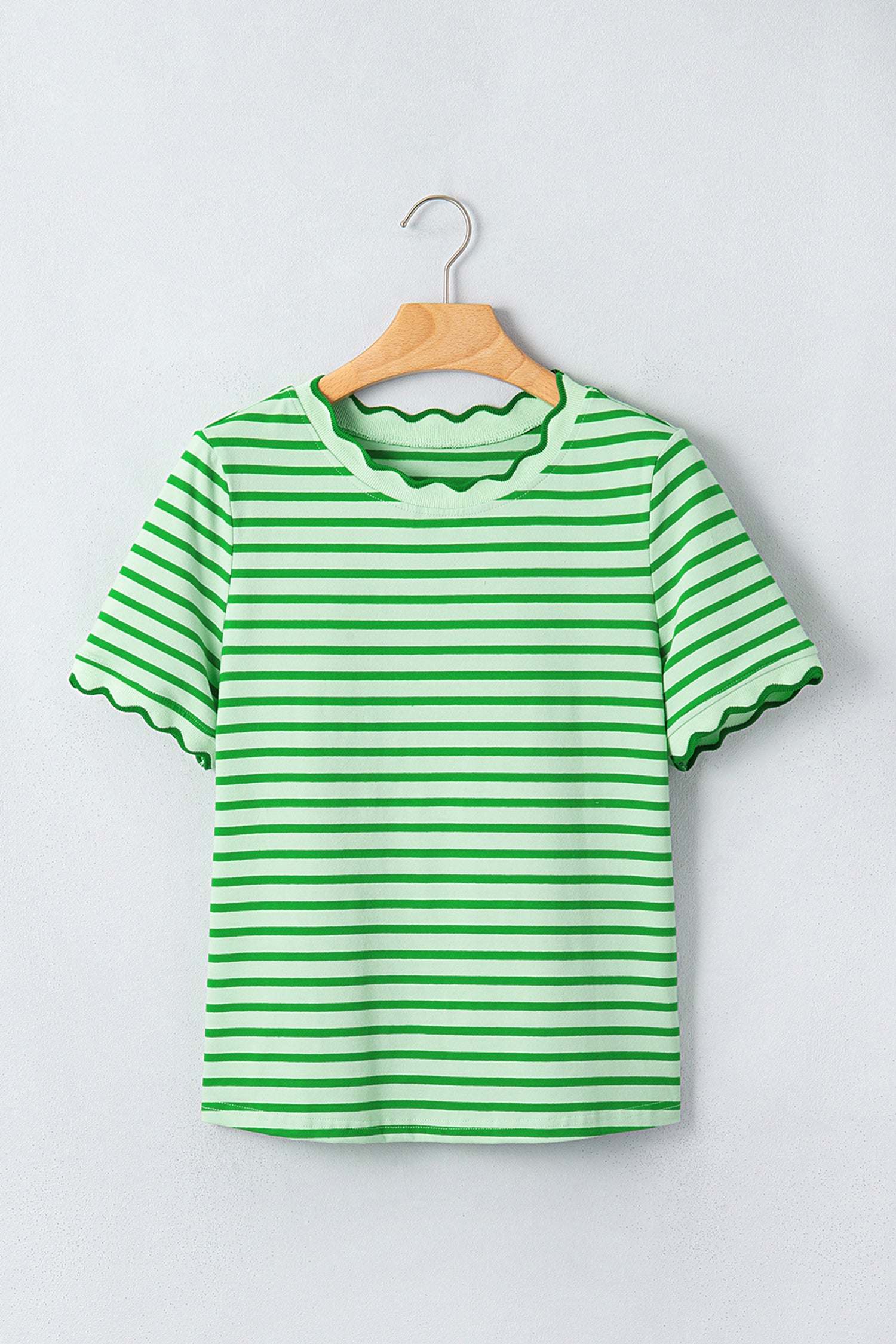 Green Stripe Scalloped Trim Round Neck T Shirt