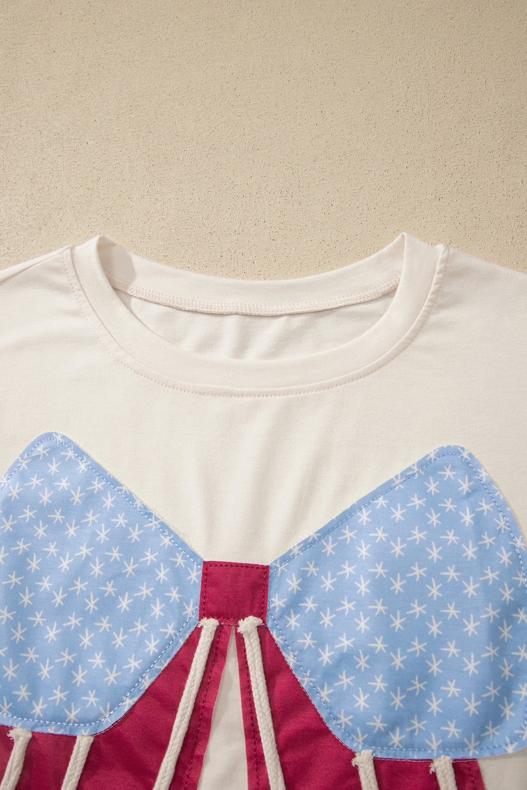 White Loose Knit Vintage Flag Bow Patched T Shirt