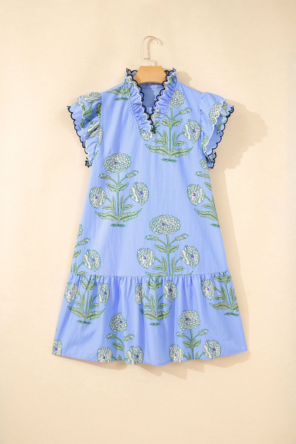 Sky Blue Wild Floral Print Scalloped Embroidery Trim V Neck Drop Waist Mini Dress