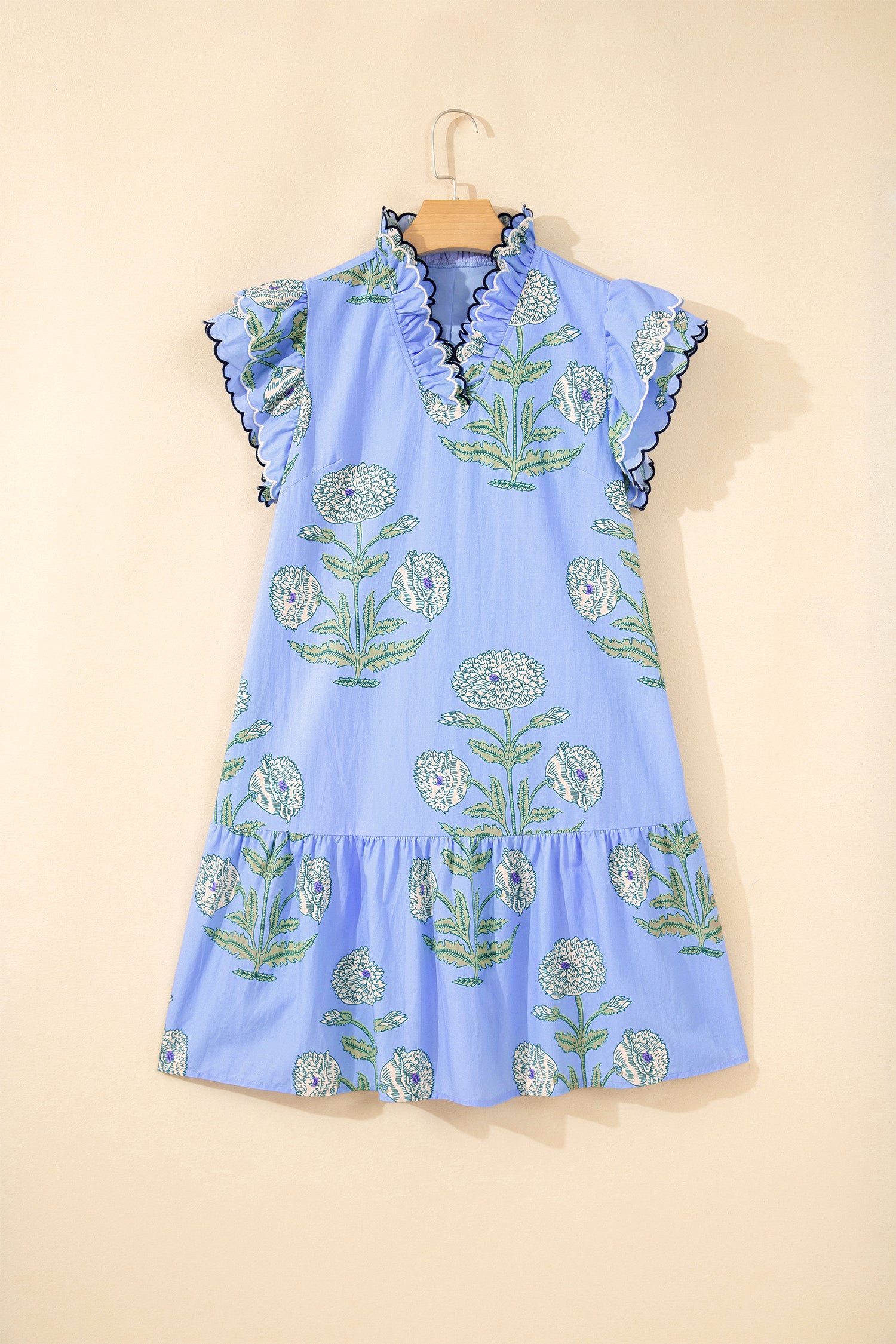 Sky Blue Wild Floral Print Scalloped Embroidery Trim V Neck Drop Waist Mini Dress