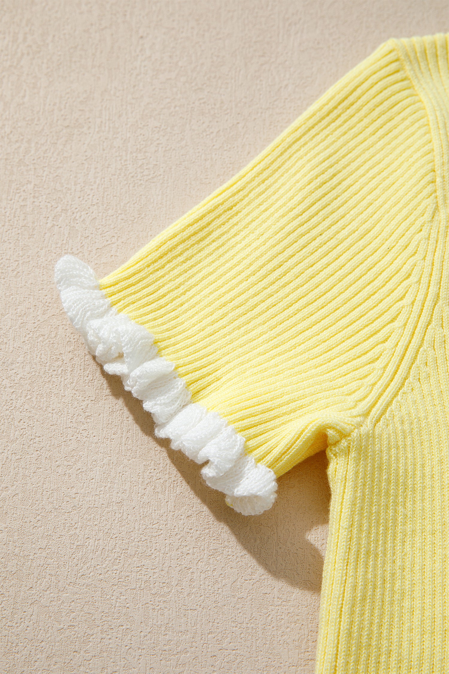 Yellow Cream Ribbed Knit Contrast Frilled Short Sleeve Sweater Cardigan