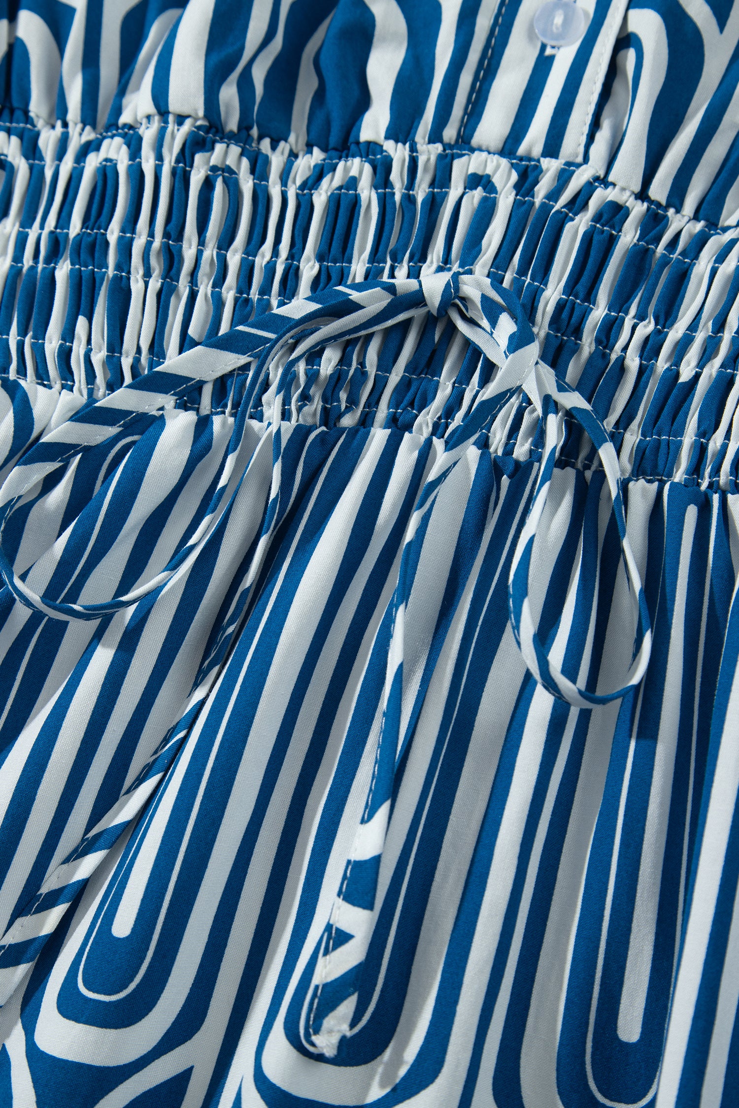 Blue Geometric Print Short Sleeve Drawstring Shirt Collar Dress