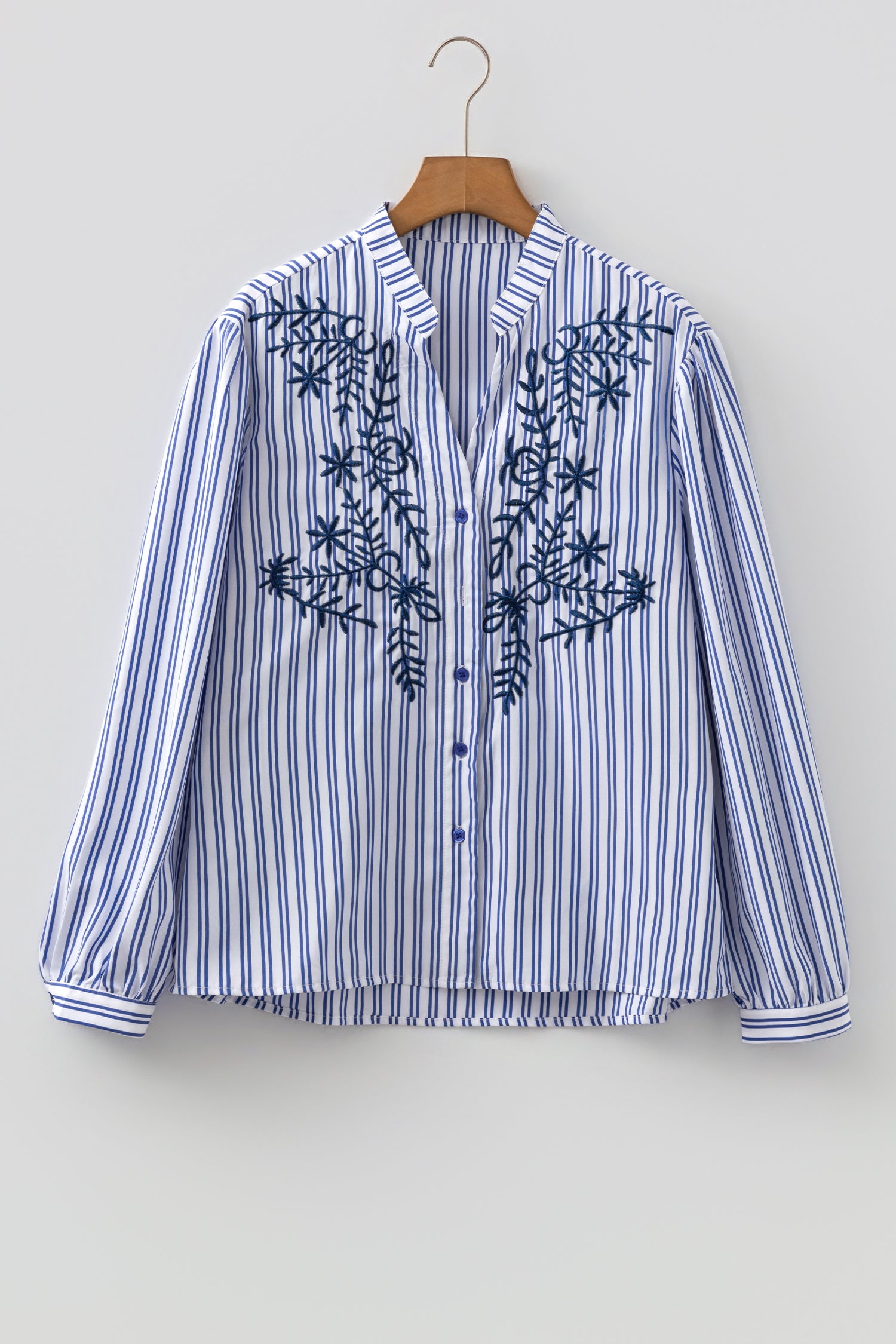 Blue Stripe Embroidered Detail Button Front Long Sleeve Shirt