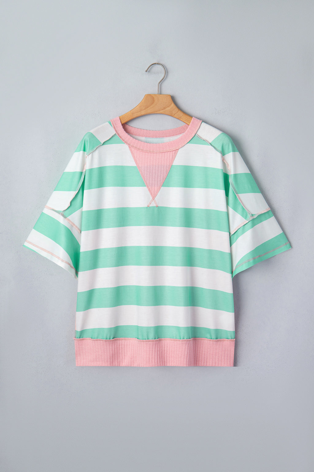 Green Stripe Exposed Seam Ribbed Patchwork Oversized Tee