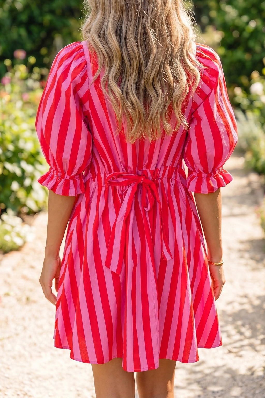 Red Stripe Half Button Puff Sleeve Loose Mini Dress