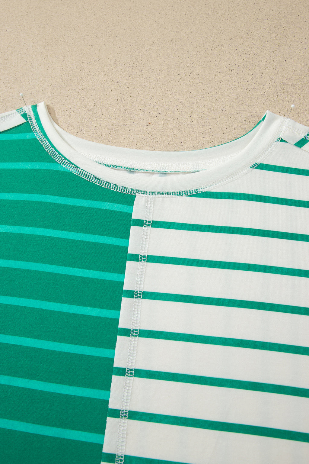Green Stripe Colorblock 3/4 Sleeve Loose T Shirt