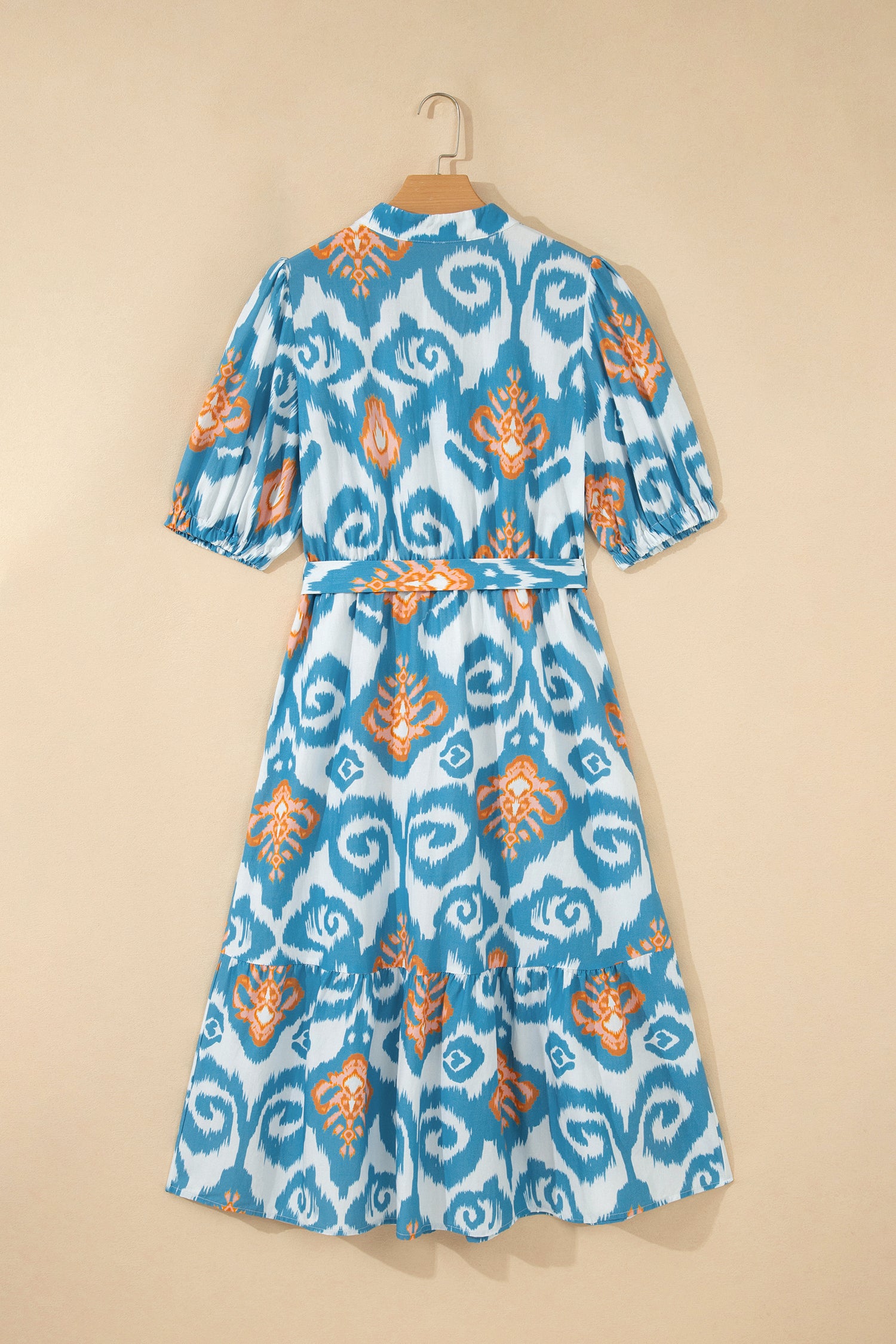 Sky Blue Boho Floral Print Short Puff Sleeve Button Down Ruffle Hem Midi Dress