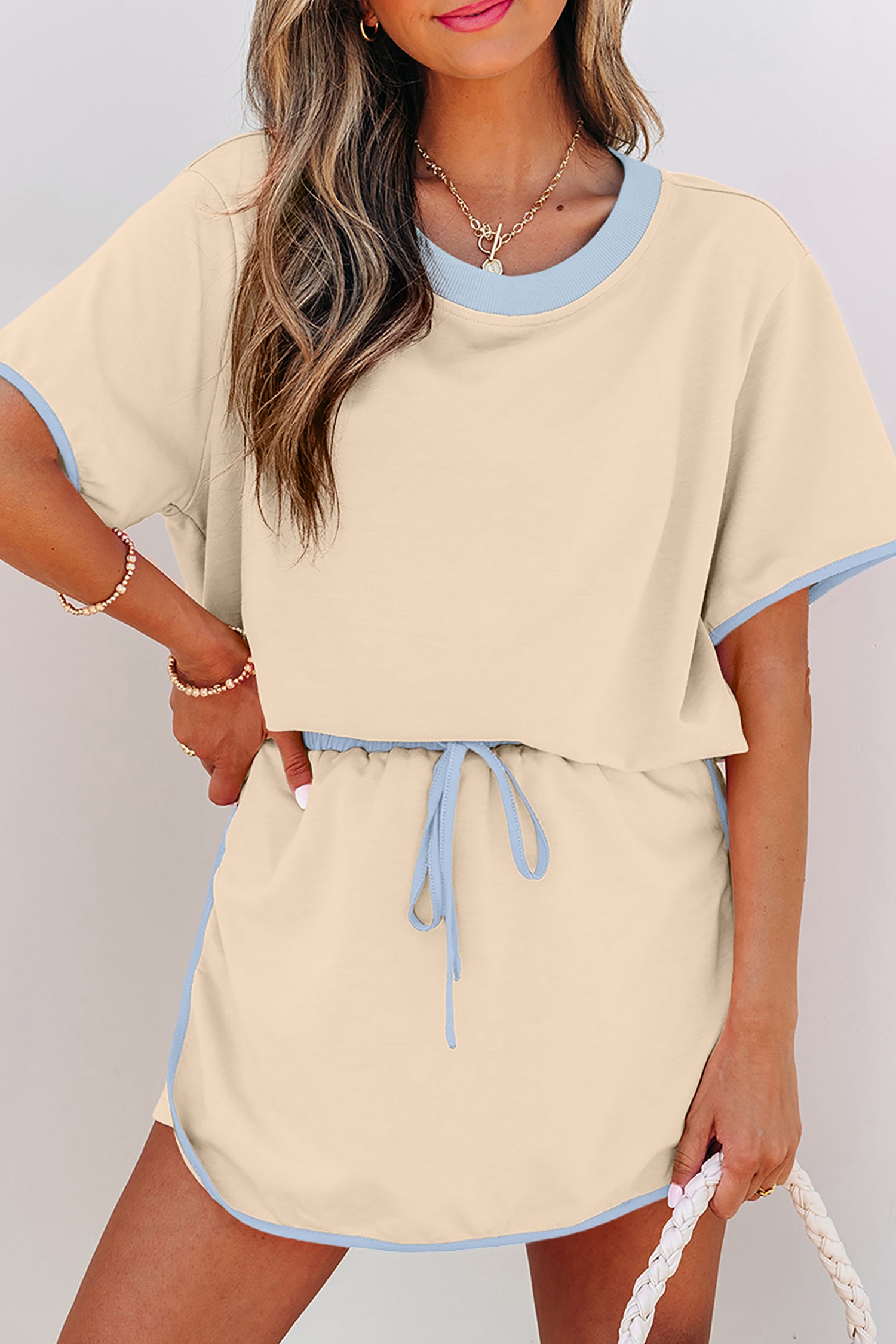 Moonlight Jade Colorblock Edge Drop Shoulder T Shirt and Skort 2Pcs Set