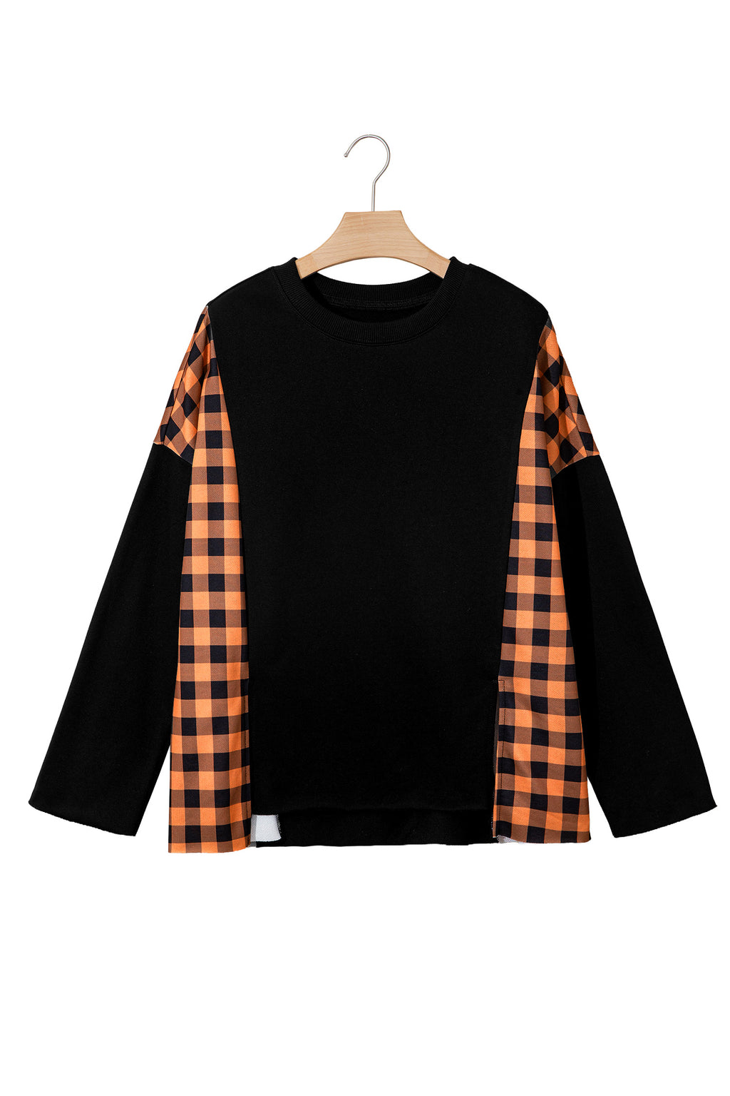 Black Patchwork Plaid Pumpkin Face Long Sleeve Top